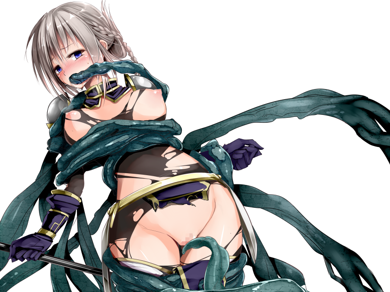 73gou koudou, lunarie el blanca, lilitales, censored, game cg, bad end, blush, braids, breasts, defeated, female, female focus, game over, gloves, grey hair, nipples, no background, pink nipples, purple eyes, purple gloves, pussy, solo, tentacle, torn clothes, 