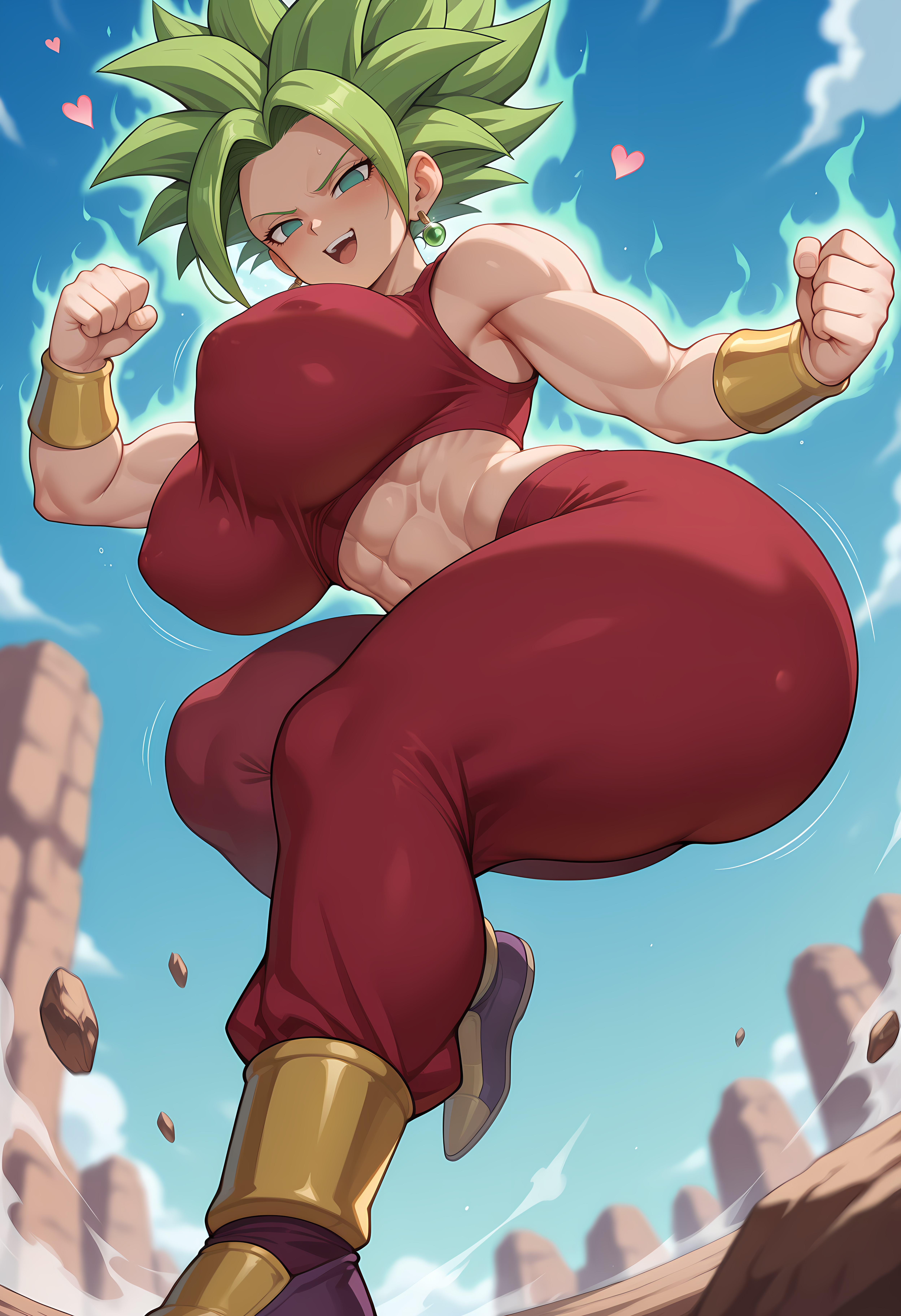 ai_generated athletic_female bare_thighs big_ass big_butt cyan_eyes dragon_ball dragon_ball_super fat_ass gigantic_ass gigantic_breasts green_hair huge_breasts huge_thighs kefla light-skinned_female light_skin looking_down low-angle_view massive_ass massive_breasts modeus14 muscular_female saiyan saiyan_female smiling solo_female spiky_hair squatting sweat sweatdrop tank_top thick_body thick_female thick_thighs thighs tomboy voluptuous voluptuous_female yoga_pants