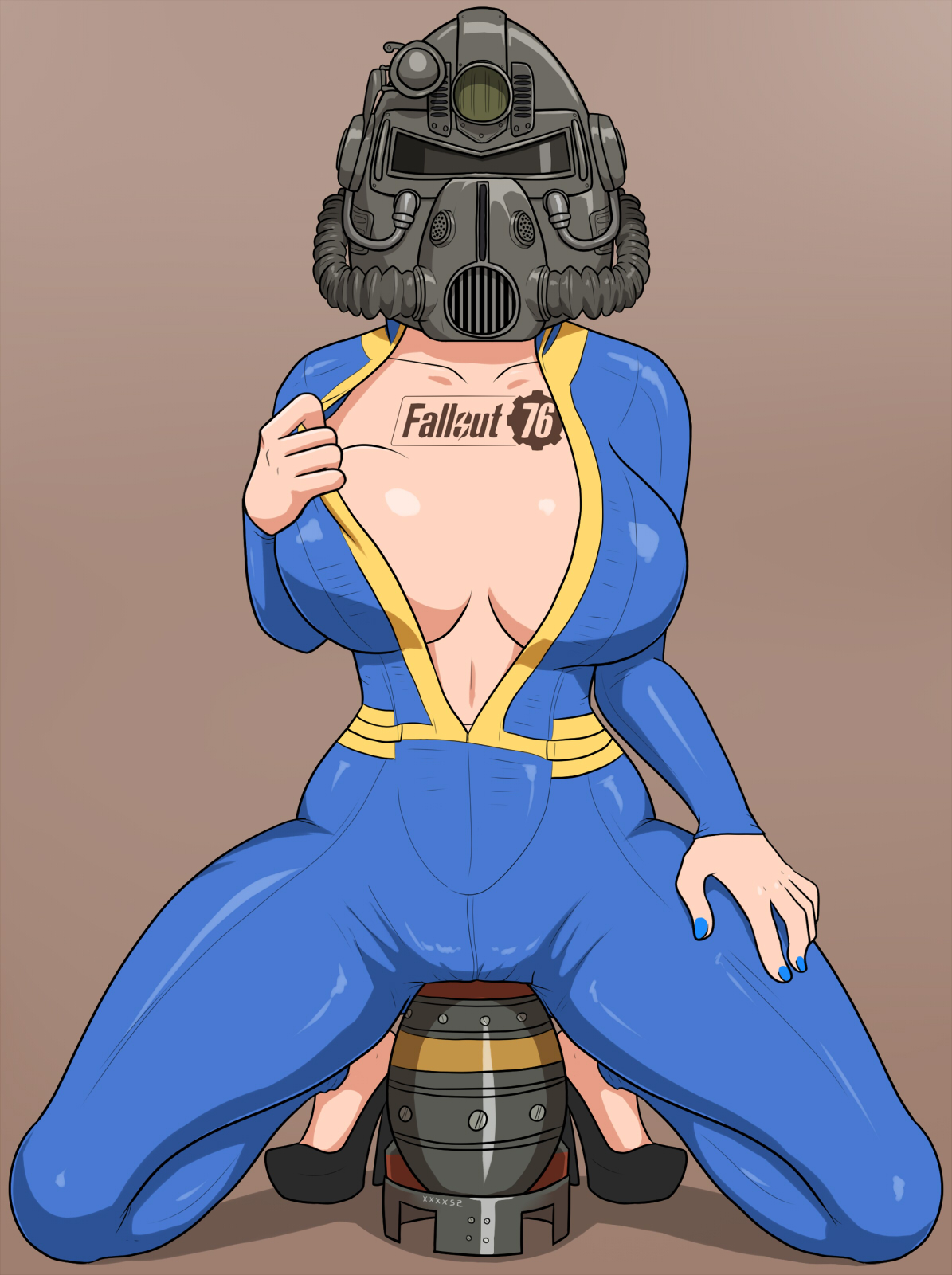xxxx52, fallout, fallout 76, 2018, brown background, simple background, text, watermark, 1girls, belly, big breasts, breast grab, breast hold, breasts, crouching, female, female only, hand on leg, helmet, high heels, human, insertion, kneeling, large breasts, looking at viewer, masturbation, nail polish, shadow, shoes, solo, spread legs, thick thighs, thin waist, weapon, 
