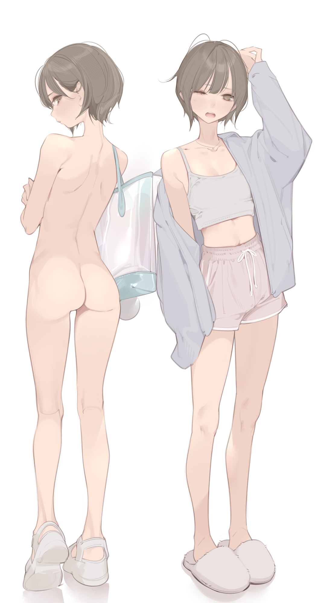 ama_mitsuki arm_up ass back brown_eyes brown_hair brown_shorts camisole commentary_request female full_body grey_jacket highres jacket looking_at_viewer midriff multiple_views nude one_eye_closed open_clothes open_jacket open_mouth original sandals short_hair shorts shoulder_blades simple_background sleeves_past_fingers sleeves_past_wrists slippers spaghetti_strap standing stomach white_background white_camisole white_sandals white_slippers