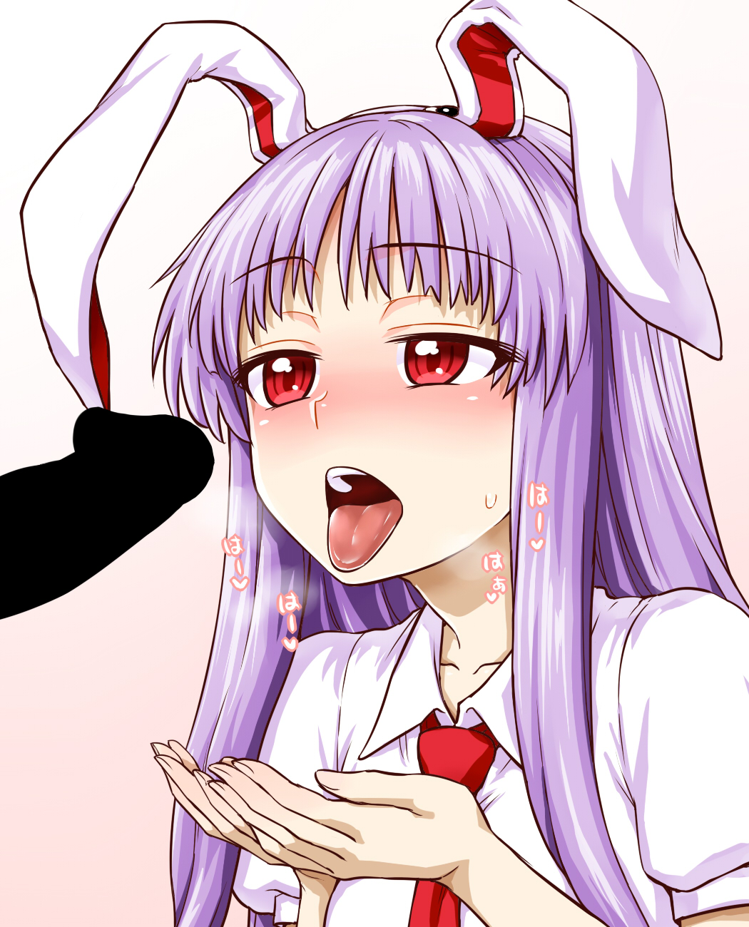 itou yuuji, reisen udongein inaba, touhou, highres, animal ears, blush, bunny ears, cupping hands, female, heart, heavy breathing, long hair, necktie, open mouth, penis, purple hair, red eyes, shirt, solo, sweat, teeth, tongue, tongue out, upper body, white shirt, 