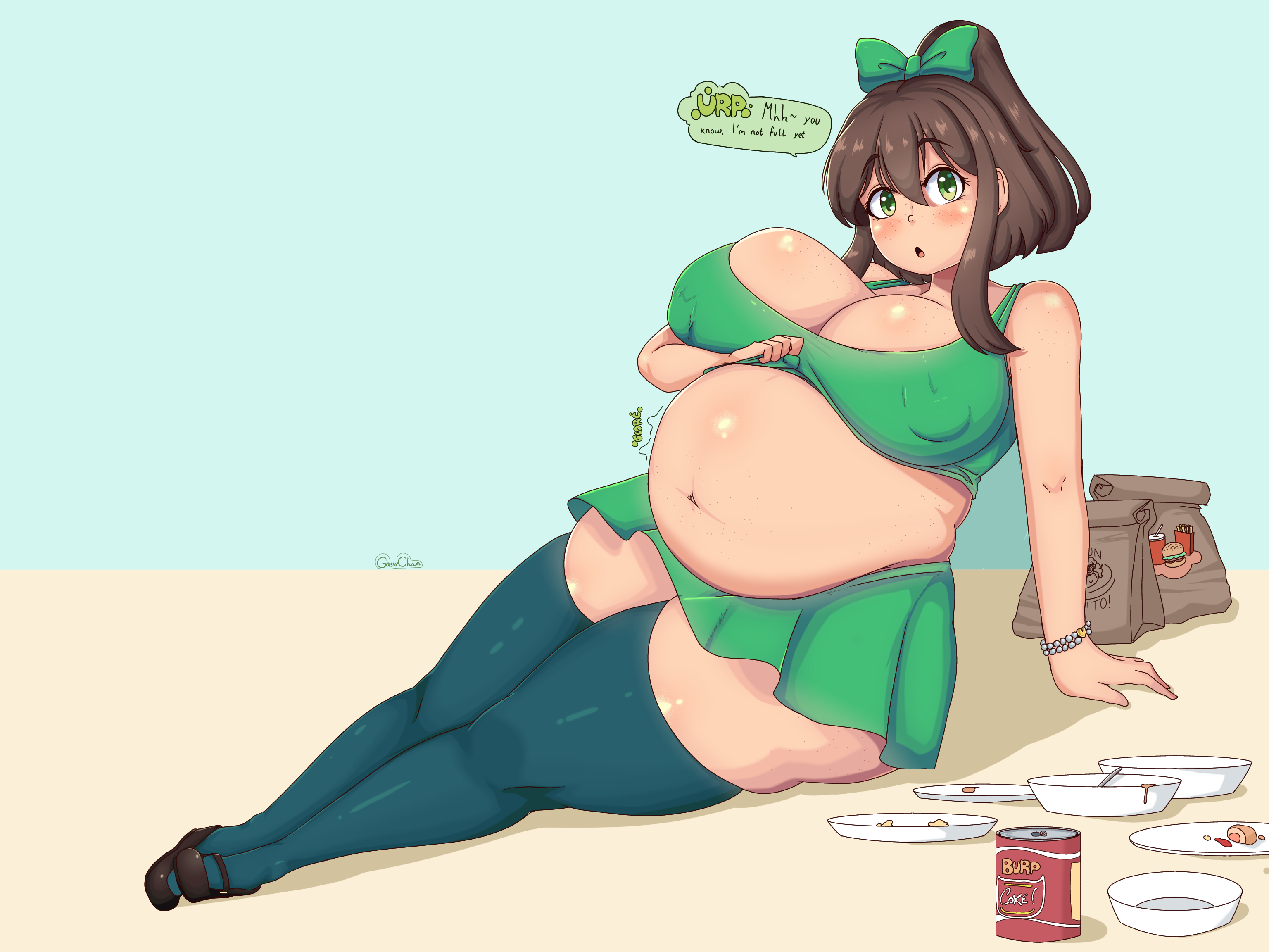 asking for food, bbw, big belly, big breasts, big thighs, breasts, brunette, burp, burpy chan, empty plates, female, food bag, funlitogc, gassychan (artist), green eyes, gurgle (sound effect), huge belly, hungry, leti, nipples visible through clothing, stuffed belly, thick thighs, 