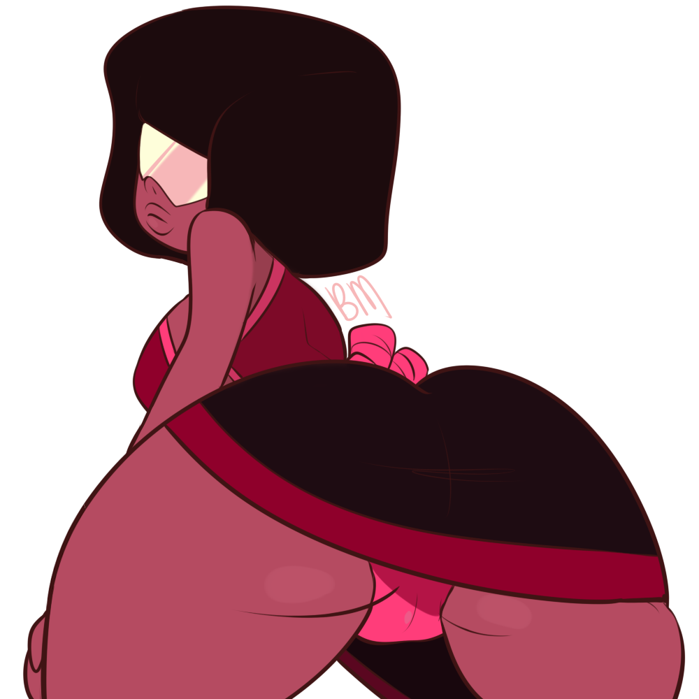 blushmallet, garnet (steven universe), cartoon network, steven universe, big ass, big breasts, bottomless, cameltoe, looking at viewer, looking back, no pants, panties, red skin, short hair, swimsuit, thick lips, thick thighs, underboob, 