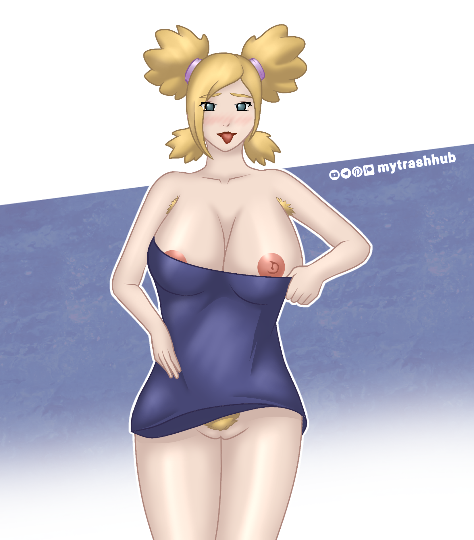 temari, boruto: naruto next generations, naruto, 2d, 1girls, anime, anime style, armpit hair, big breasts, blonde hair, clothed, clothed female, clothing, female, female focus, female only, green eyes, hairy armpits, hairy pussy, huge breasts, light-skinned female, light skin, looking at viewer, milf, mytrashhub, nipples, no bra, open clothes, pubic hair, pussy, pussy hair, skirt up, thick thighs, tongue, tongue out, white skin, 