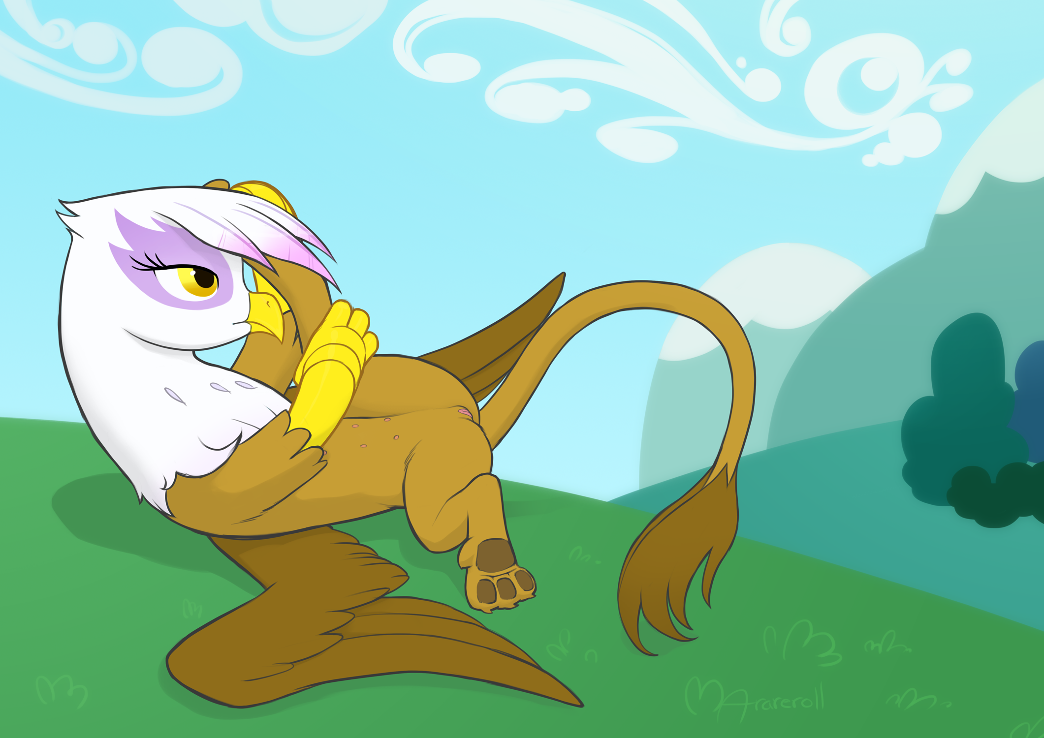 arareroll, gilda (mlp), friendship is magic, my little pony, 2015, avian, female, feral, gryphon, nipples, outside, pussy, solo, 