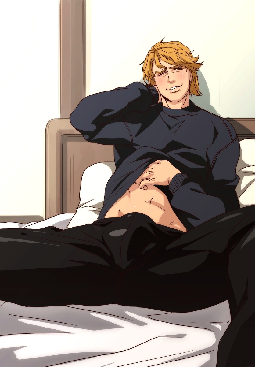 keith goodman, 1boy, abs, blonde hair, blue eyes, bulge, looking at viewer, male only, muscle, pecs, undressing, 