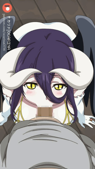 ocarinaotw, albedo (overlord), overlord (maruyama), animated, censored, gif, blowjob, demon girl, fellatio, horns, looking at viewer, pov, purple hair, succubus, yellow eyes, 
