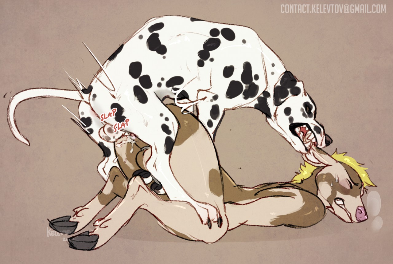 kelevtov., simple background, sound effects, anal, anal sex, anthro, anthro on feral, ass, balls, bite, blush, canine, cervine, chastity cage, closed eyes, cum, cum in ass, cum inside, dalmatian, deer, ear biting, feral, from behind position, male, mammal, onomatopoeia, penetration, penis, questionable consent, sex, yaoi, zoophilia, 