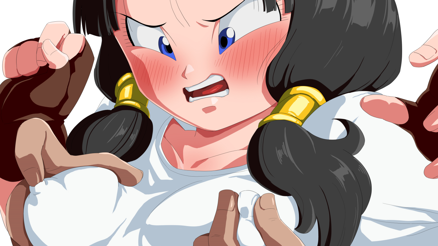 rom, videl, dragon ball z, tagme, 1girl, black hair, blue eyes, blush, breast grab, clothes, embarrassed, erect nipples, erect nipples under clothes, female, fingerless gloves, looking down, milf, nipple bulge, nipple grab, nipples, nipples visible through clothing, open mouth, pigtails, shirt, short hair, teenager, twintails, 