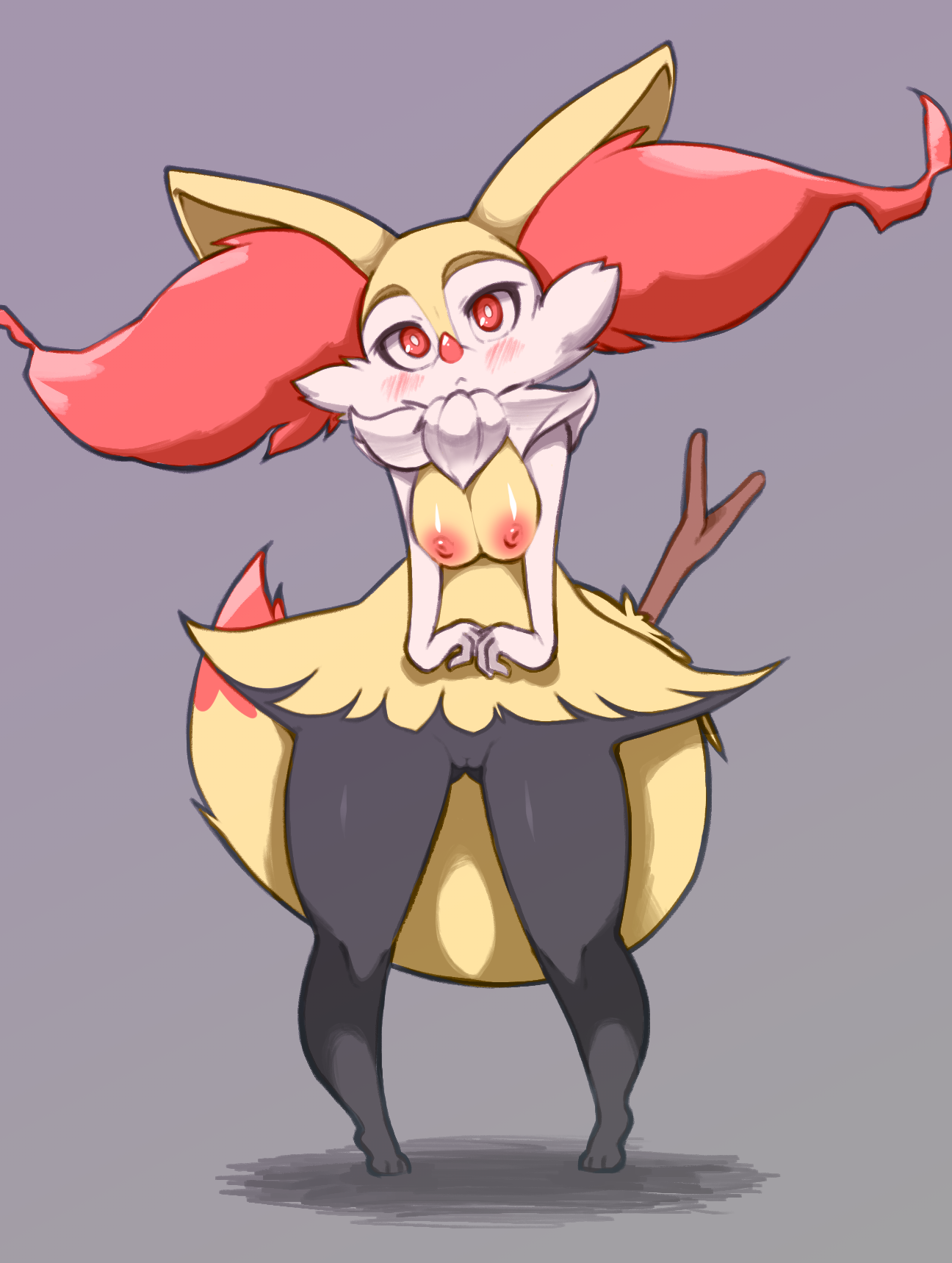 hitmanatee, braixen, pokemon (creature), commentary, english commentary, grey background, highres, simple background, animal ear fluff, animal ears, animal feet, animal nose, barefoot, black fur, blush, body fur, breasts, breasts squeezed together, bright pupils, closed mouth, feet, female, fox ears, fox girl, fox tail, full body, fur collar, furry, furry female, head tilt, legs, legs apart, looking at viewer, medium breasts, multicolored fur, nipples, own hands together, pokemon, pussy, red eyes, shiny skin, snout, solo, standing, stick, tail, thighs, white fur, white pupils, wide hips, yellow fur, 