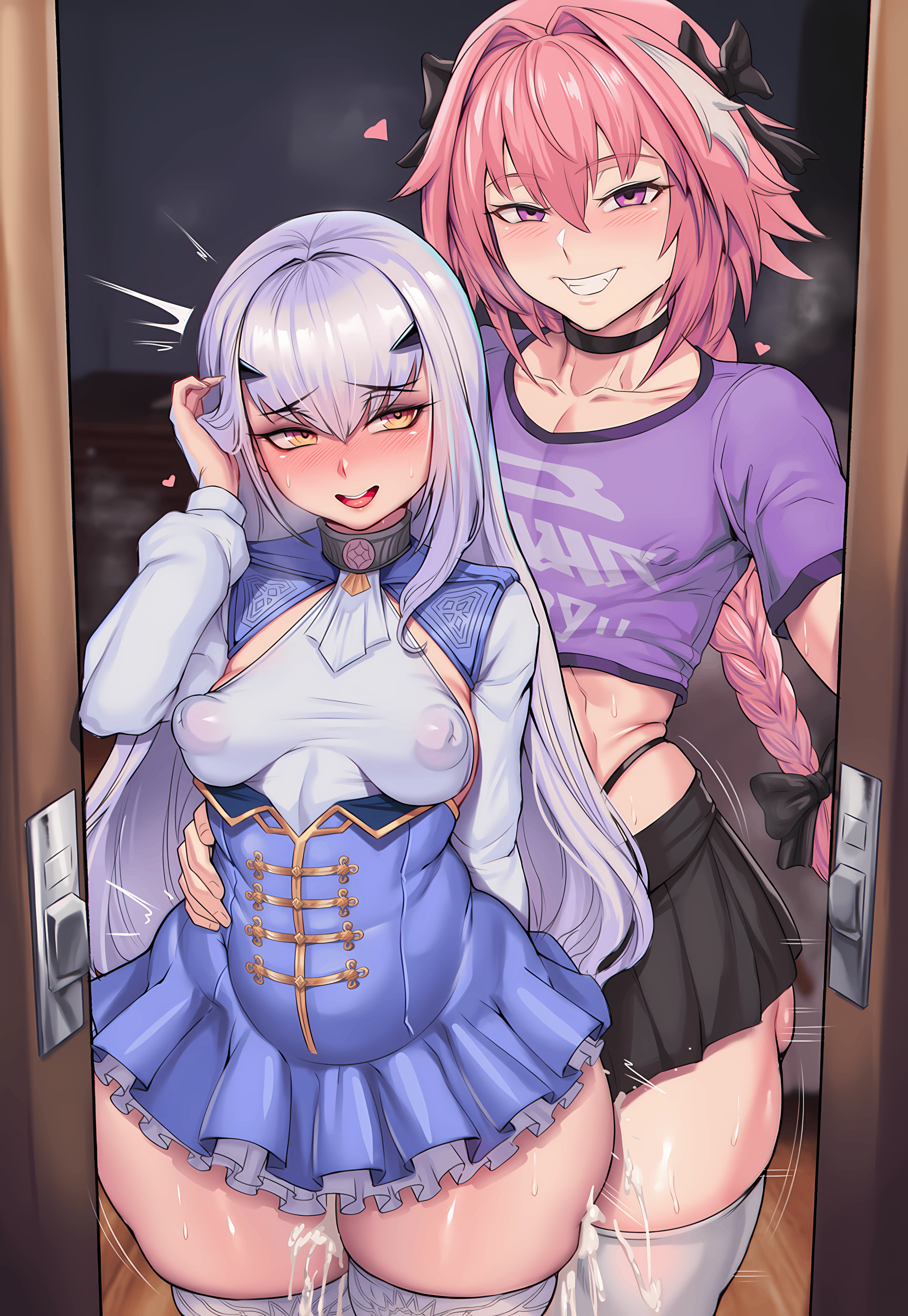 1boys 1girls ai_generated ass astolfo_(fate) bed blush bow braid braided_hair breasts cheating cheating_girlfriend cheating_wife clothed clothing collar cuckolding cum cum_inside fate/grand_order fate_(series) female hair_ribbon heart imminent_sex indoors large_ass large_breasts long_hair male melusine_(fate) multicolored_hair netorare nipples pink_hair pussy see-through_clothing sex skirt small_breasts stockings sweat sweaty tattoo tight_clothing tight_fit tummy white_hair yellow_eyes zenndiagram