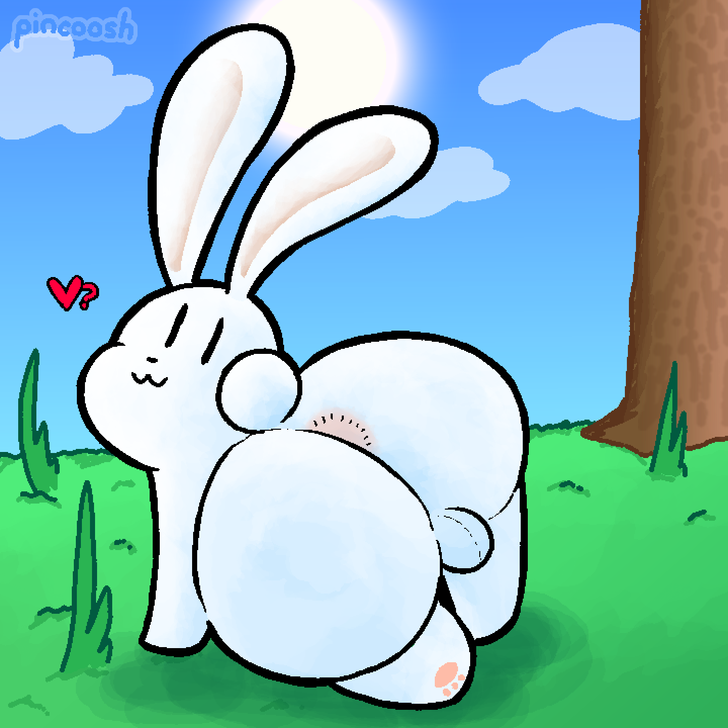 :3 anus artist_name ass backsack balls big_butt digital_media_(artwork) feral fur genitals grass heart_symbol hi_res lagomorph leporid looking_at_viewer looking_back male mammal outside paws pincoosh plant quadruped rabbit rear_view solo terraria text tree white_body white_fur