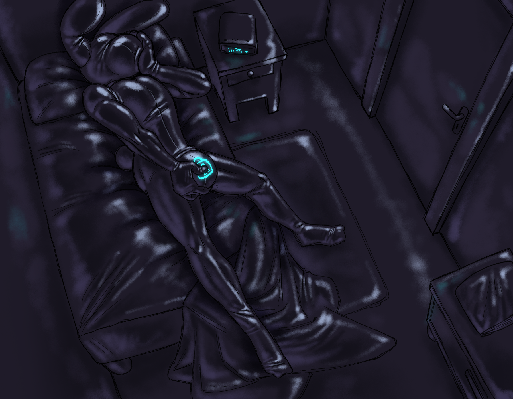 2024 a_guy_somewhere alarm_clock anthro bed biped chastity_device clock detailed_background digital_media_(artwork) fingers furniture glistening glistening_body glowing_bulge guy_(a_guy_somewhere) hi_res lagomorph latex latex_body latex_room latex_skin leporid lock_bulge long_ears male male_only mammal masturbation null_bulge on_bed pillow rabbit solo