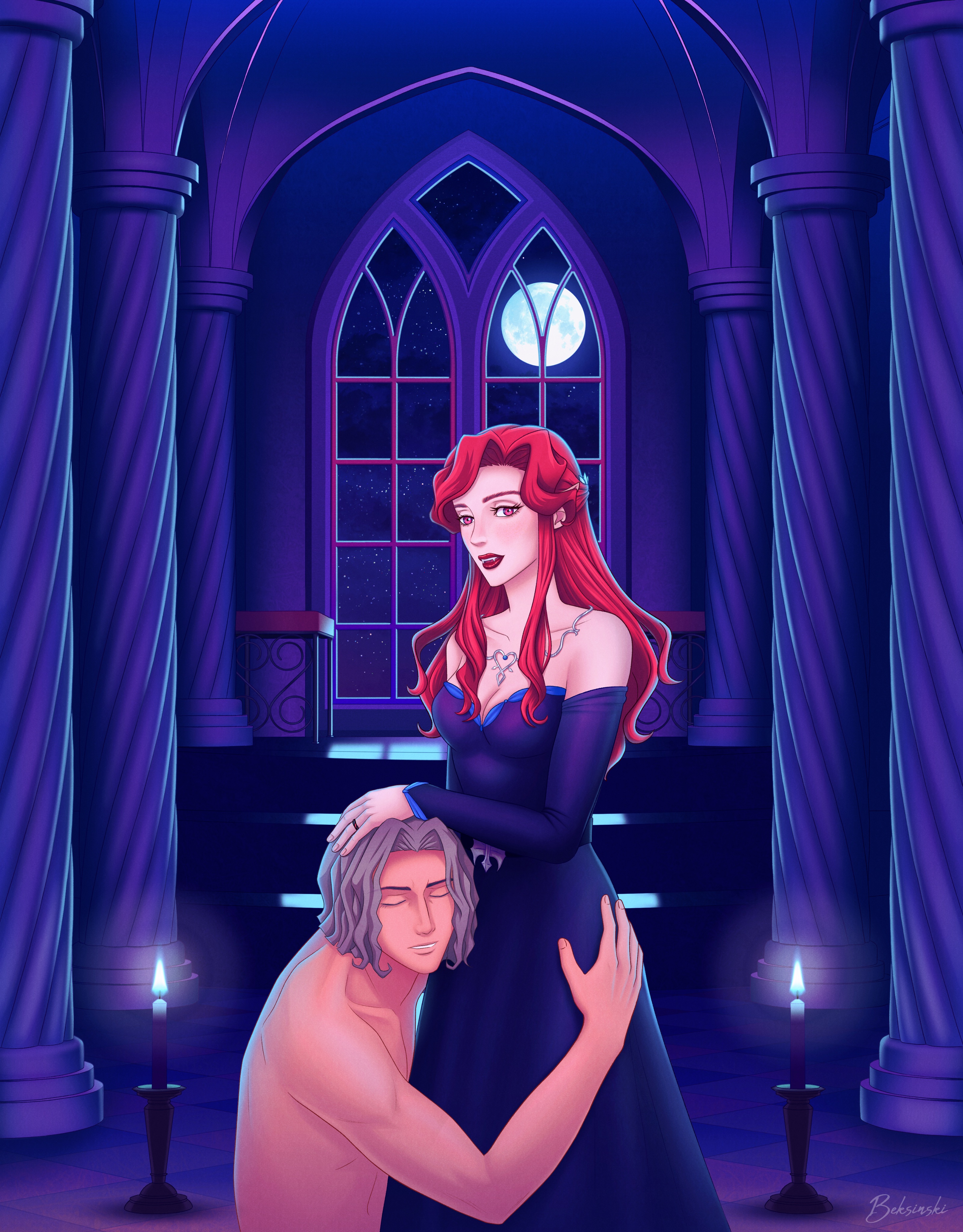 hector (castlevania), lenore (castlevania), castlevania, castlevania (netflix), beksinski, cfnm, clothed female nude male, full moon, red hair, silver hair, vampire, 