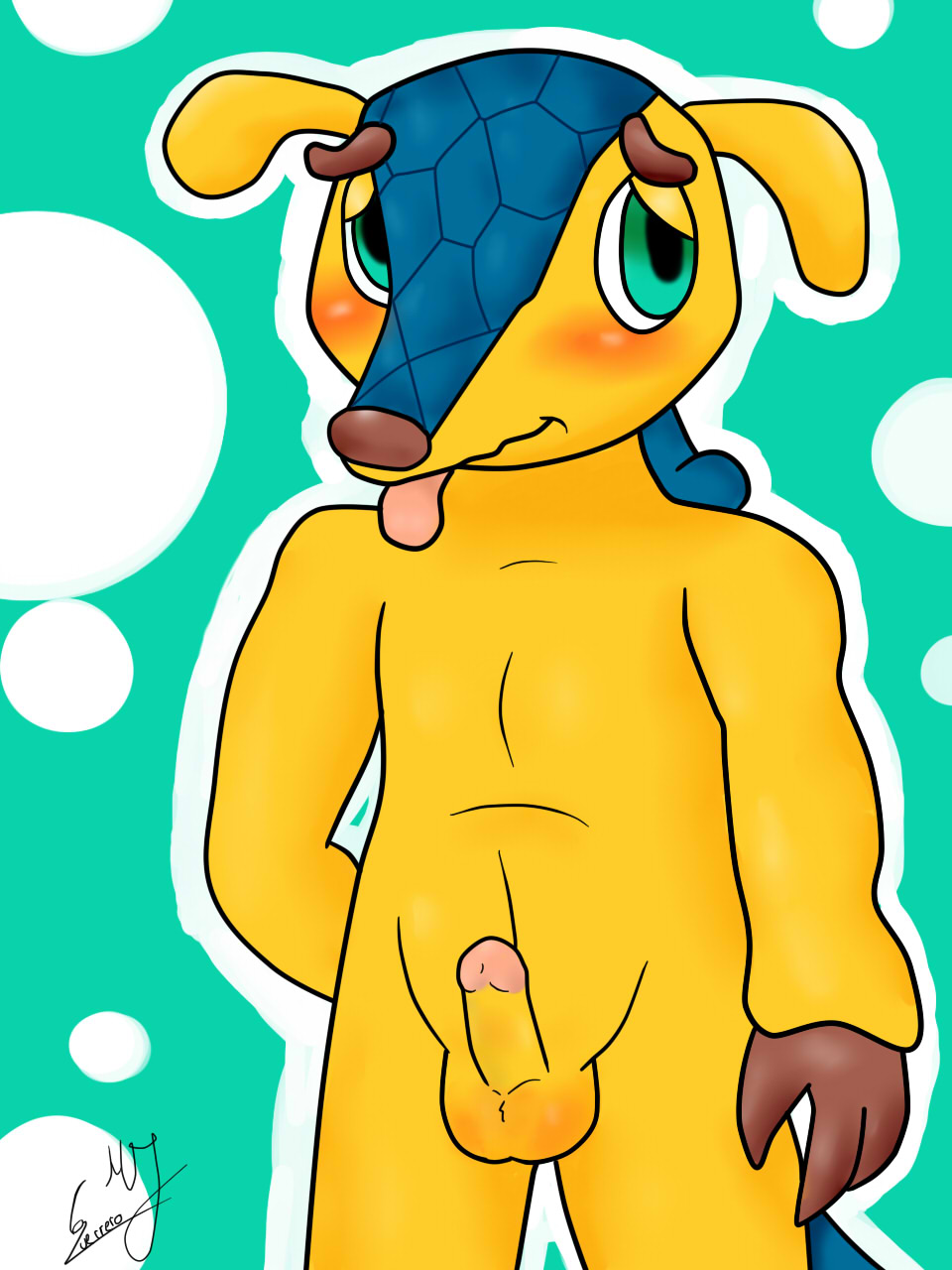 zekromlover, fuleco, fifa, 2013, 1boy, anthro, armadillo, balls, blush, cute, green eyes, looking at viewer, male, male only, mascot, mundiela, nude, penis, plain background, solo, 