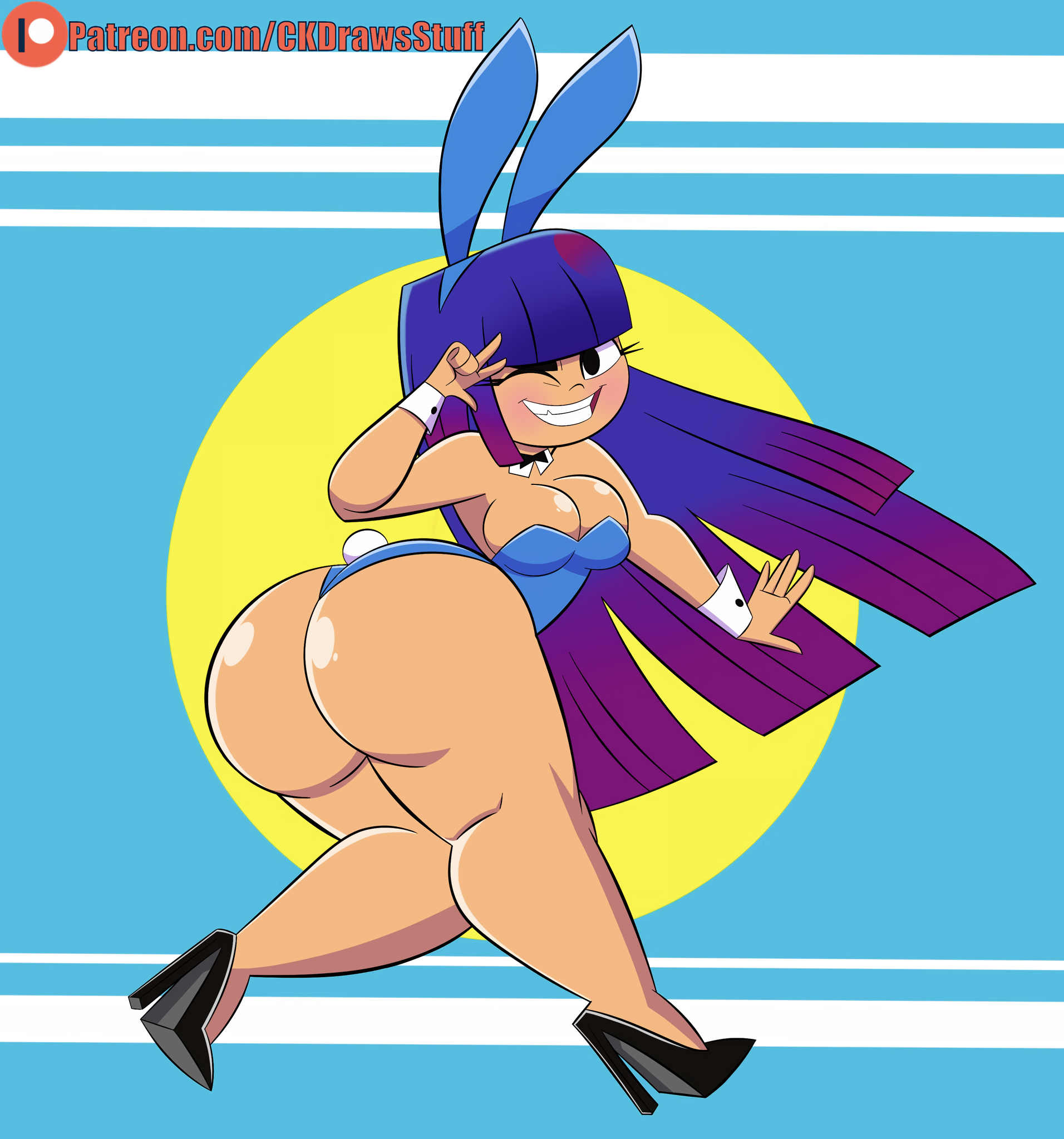 ck draws stuff, codykins123, miko kubota, glitch techs, alternate version available, ass, big ass, big breasts, blush, bowtie, breasts, bubble butt, bunny ears, bunny girl, bunnysuit, cleavage, curvy, female, grin, high heels, large breasts, long hair, looking at viewer, looking back, posing, purple hair, shiny skin, smile, solo, thick thighs, voluptuous, wide hips, wink, 