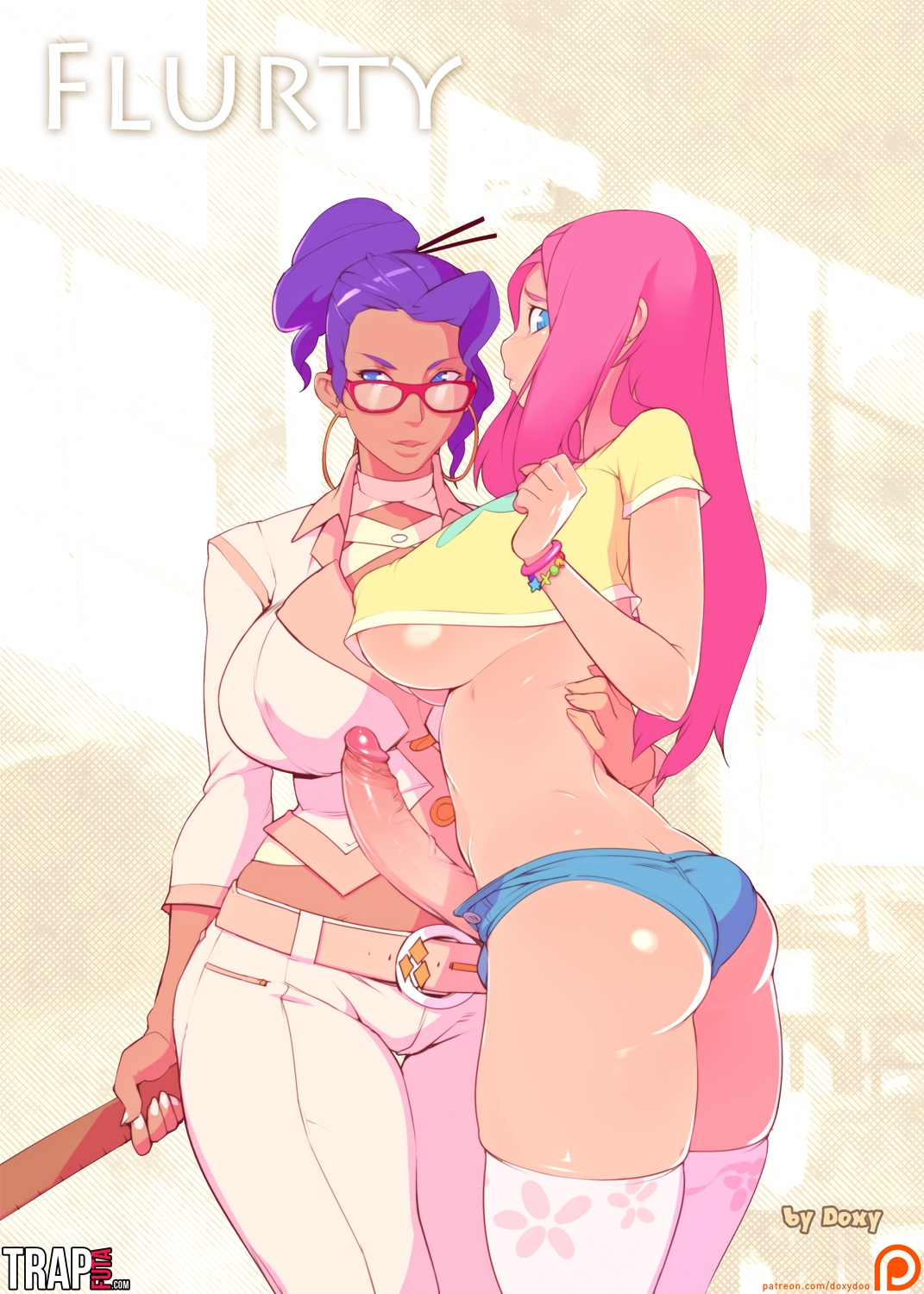 doxy, fluttershy (mlp), rarity (mlp), flurty (comic), friendship is magic, my little pony, doujin cover, 1futa, 1girls, ass, balls, belt, bimbo, blue eyes, blue hair, bracelet, breasts, bulge, busty, butt crack, clothes, cover, dark skin, dickgirl, duo, earrings, erection, femdom, futa with female, futanari, futasub, glasses, hair, hoop earrings, hourglass figure, human, humanized, humanoid, intersex, jean shorts, large penis, long hair, navel, penis, pink hair, purple hair, ruler, short shorts, shorts, skimpy clothes, skindentation, standing, stockings, t-shirt, teacher, teacher and student, testicles, thigh gap, thighhighs, underboob, vein, voluptuous, 