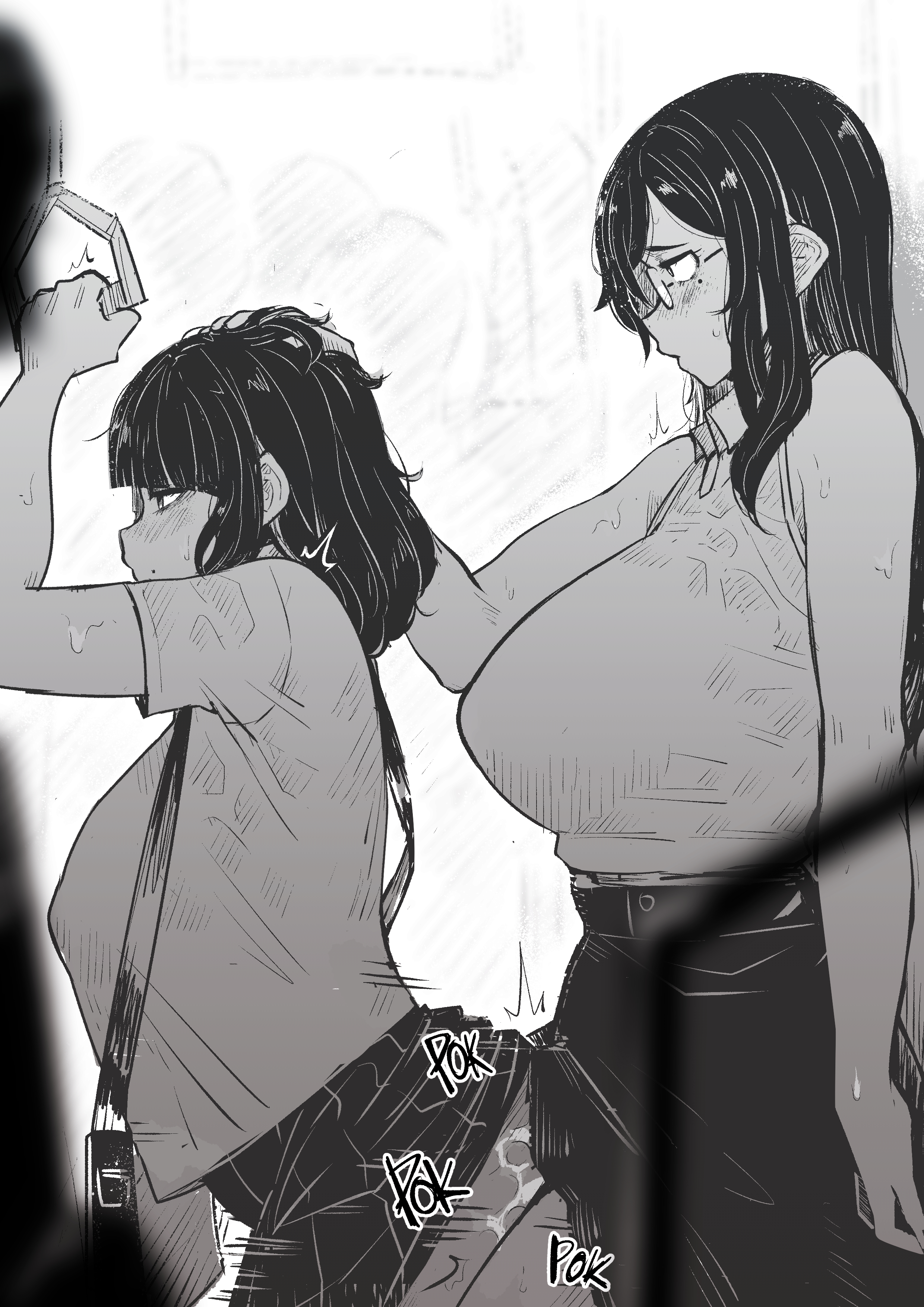 original, absurdres, greyscale, highres, monochrome, sound effects, 1futa, 1girls, bag, blush, breasts, covered nipples, exhibitionism, futa with female, futanari, glasses, hand on another's head, handbag, huge breasts, implied futanari, long hair, mistimagi, multiple girls, sex, skirt, sleeveless, stealth sex, sweat, train interior, 