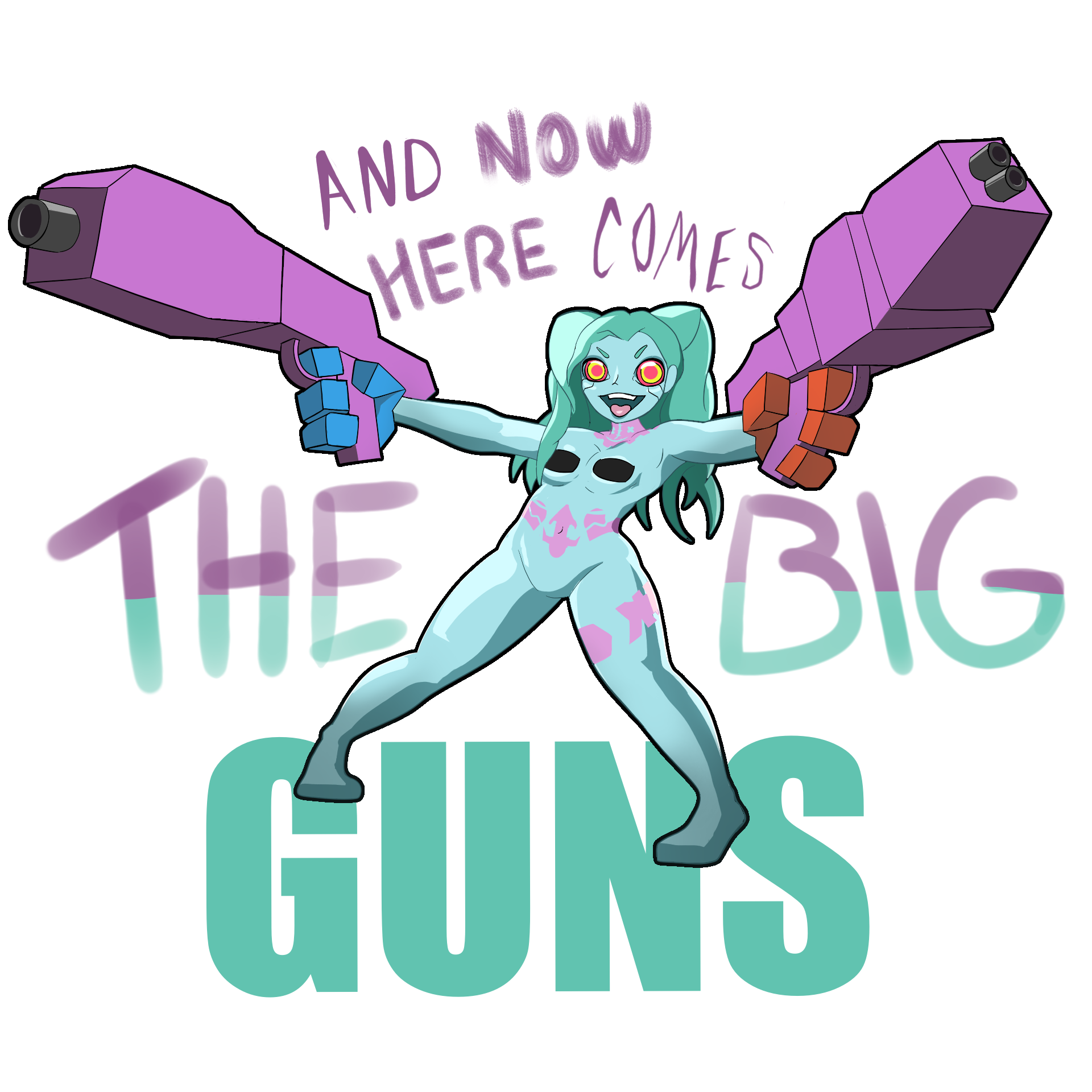 cyberpunk 2077, pose, simple background, 1girls, 3rn 14, big thighs, chubby, chubby female, creepy smile, cyberpunk: edgerunners, design, female, green hair, guns, naked, naked female, rebecca (edgerunners), red eyes, shotgun, small breasts, smaller female, smile, solo, tape, twintails, yellow eyes, 