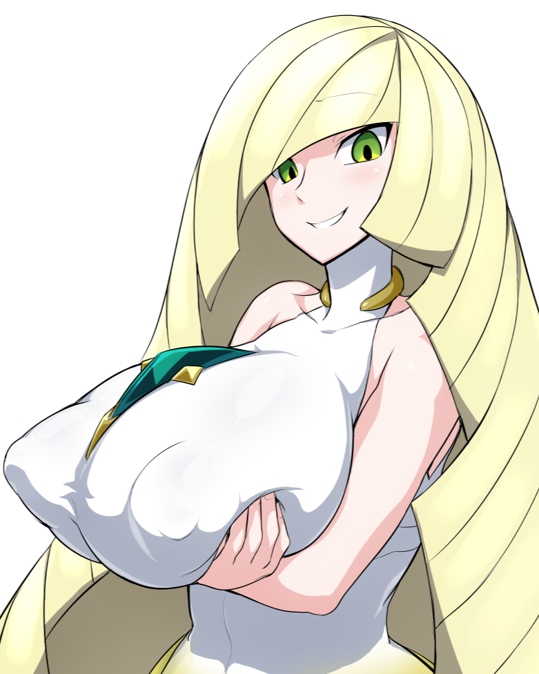 lusamine (pokemon), blonde hair, clothed, huge breasts, 