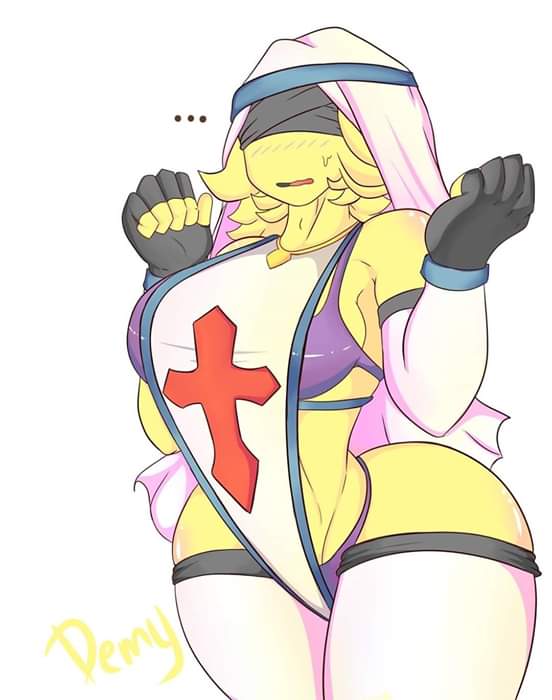 demy, 1girls, alternate costume, bikini, blush, breast grab, cosplay, covered eyes, fingerless gloves, gloves, jewelry, large breasts, legwear, monster girl, necklace, paladin, solo, swimsuit, thick thighs, thighhighs, thighs, underwear, white legwear, 
