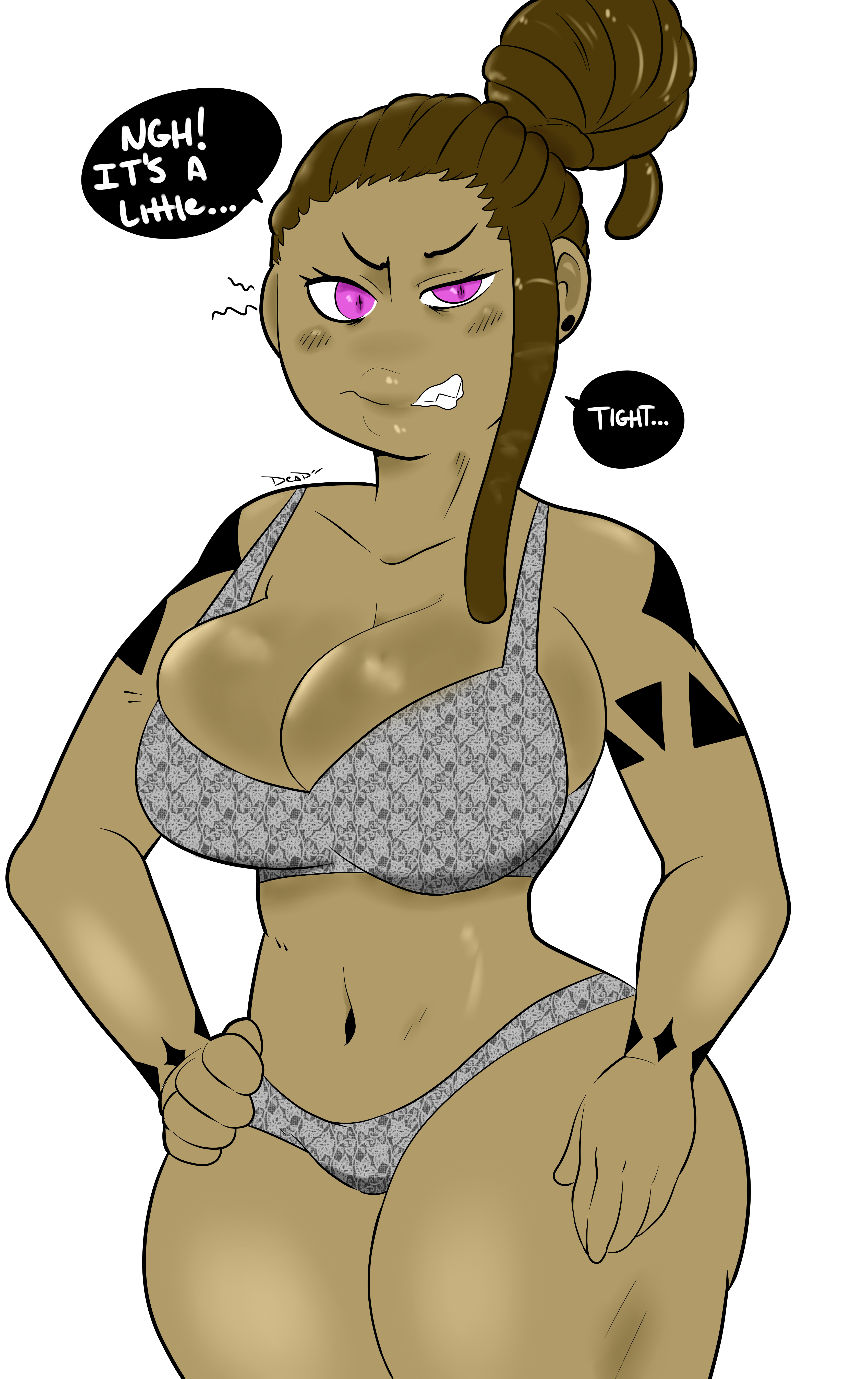 deadzii, original character, breasts, dark-skinned female, dreadlocks, female, fit female, huge breasts, pink eyes, sharp teeth, thick thighs, tight fit, 