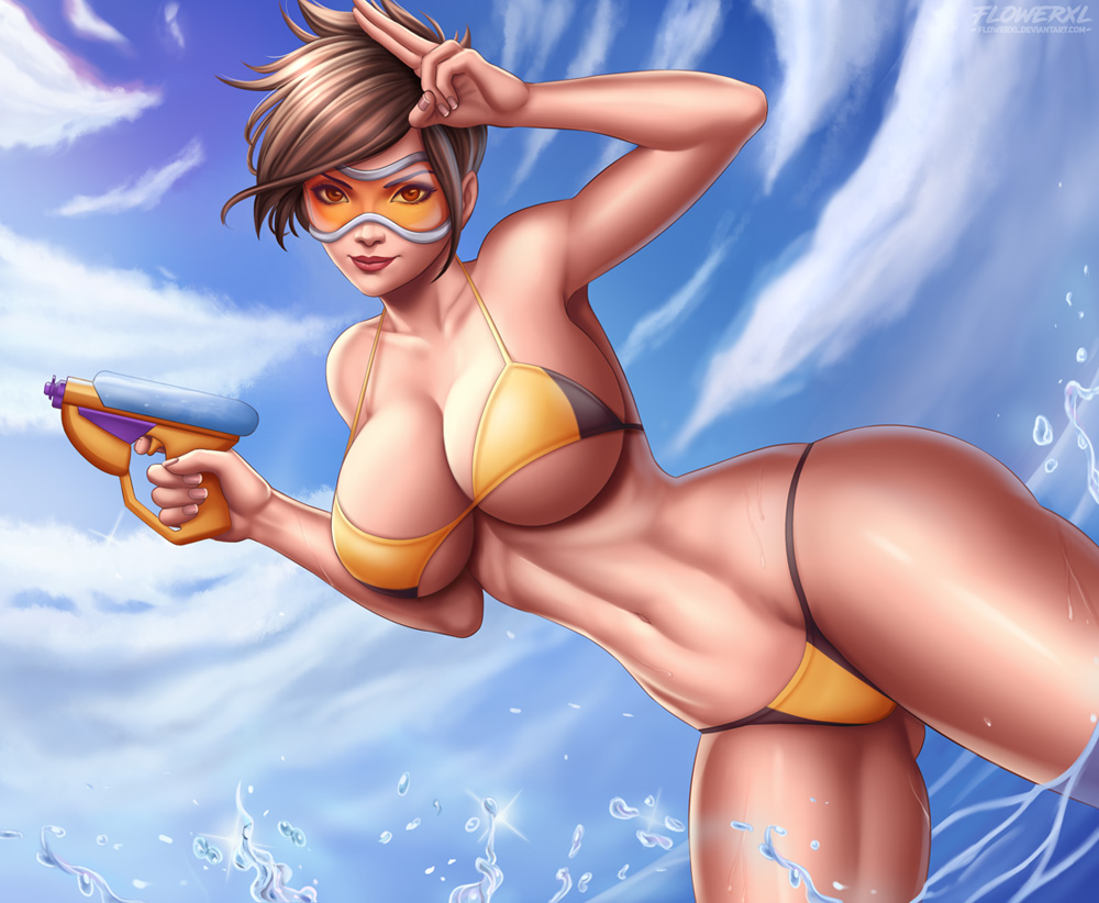 flowerxl, tracer, overwatch, big breasts, bikini, breasts, cleavage, female, female only, large breasts, looking at viewer, solo, 