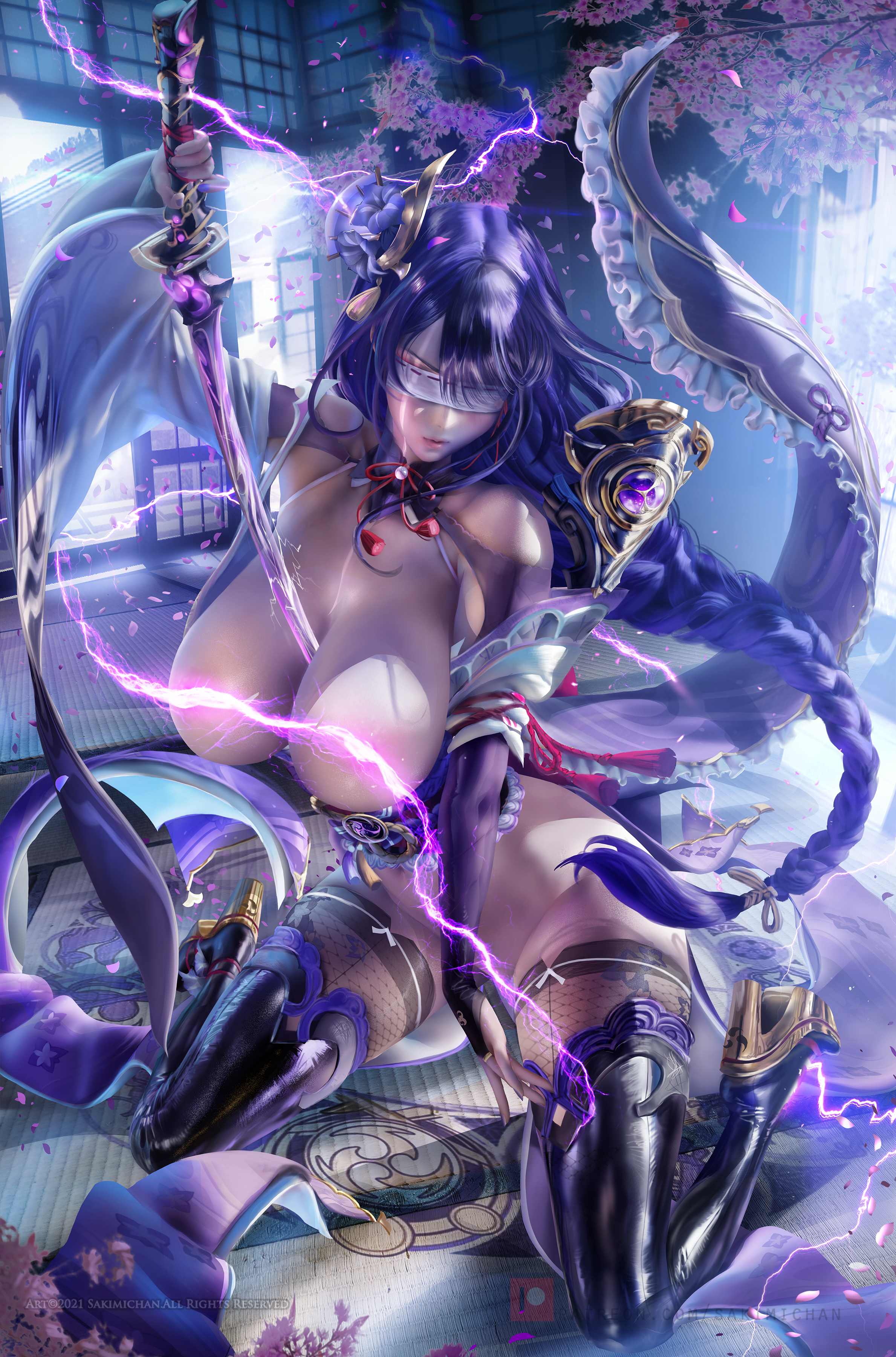sakimichan, big breasts, genshin impact, raiden shogun, sword, thick thighs, thighs, 