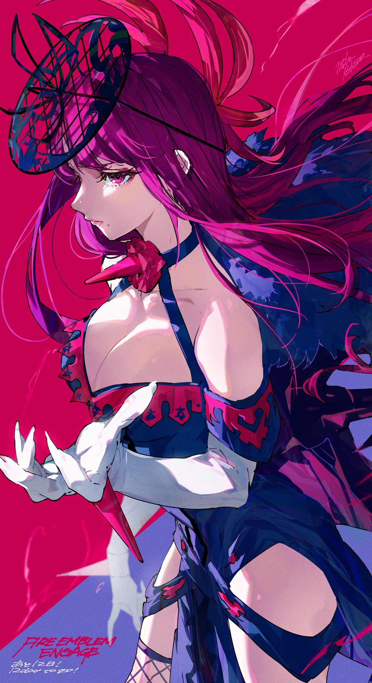 fire emblem, nintendo, highres, official art, 1girls, bangs, bare shoulders, breasts, cleavage, dress, elbow gloves, female, female only, fire emblem engage, fishnets, flower, gloves, hair ornament, ivy (fire emblem), jewelry, large breasts, long hair, mika pikazo, mole, mole under mouth, purple eyes, purple hair, rose, thighhighs, white gloves, 