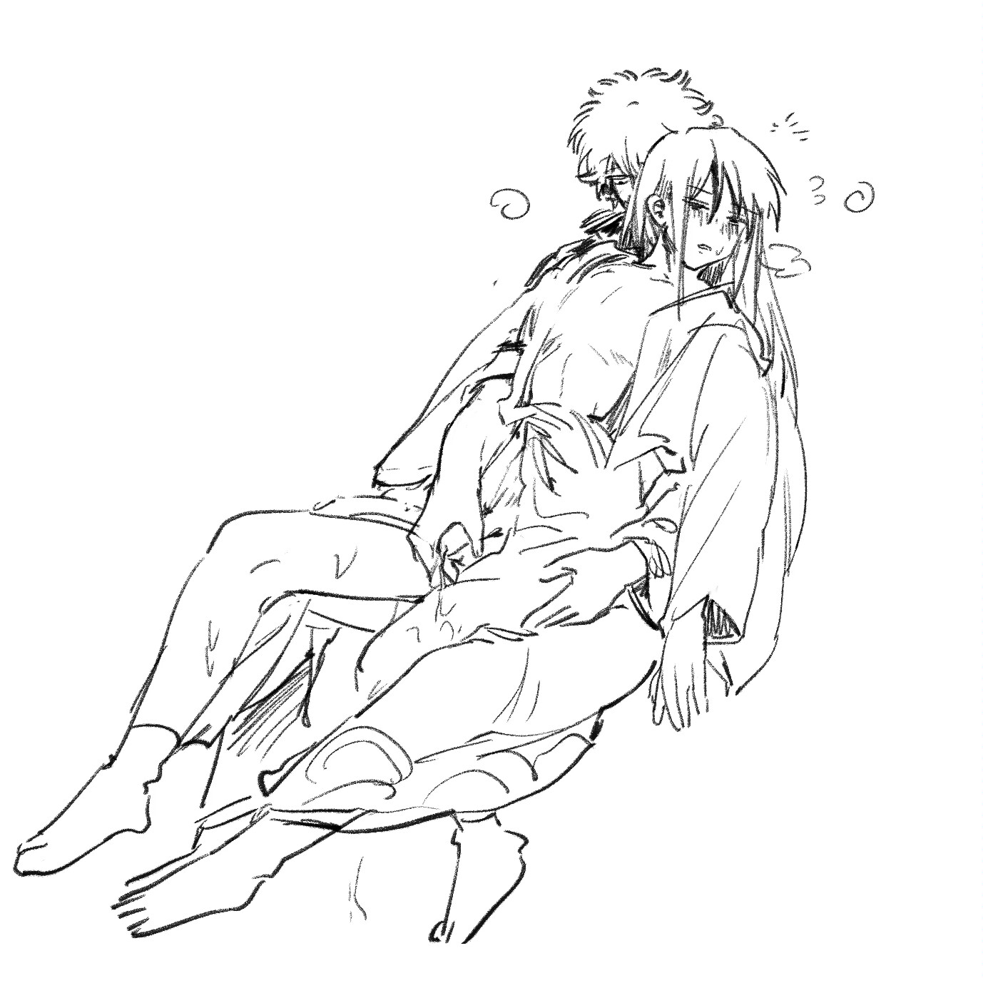 <b>gintoki</b> sakata, katsura kotarou, <b>gintama</b>, monochrome, sketch, 2boys, from b...