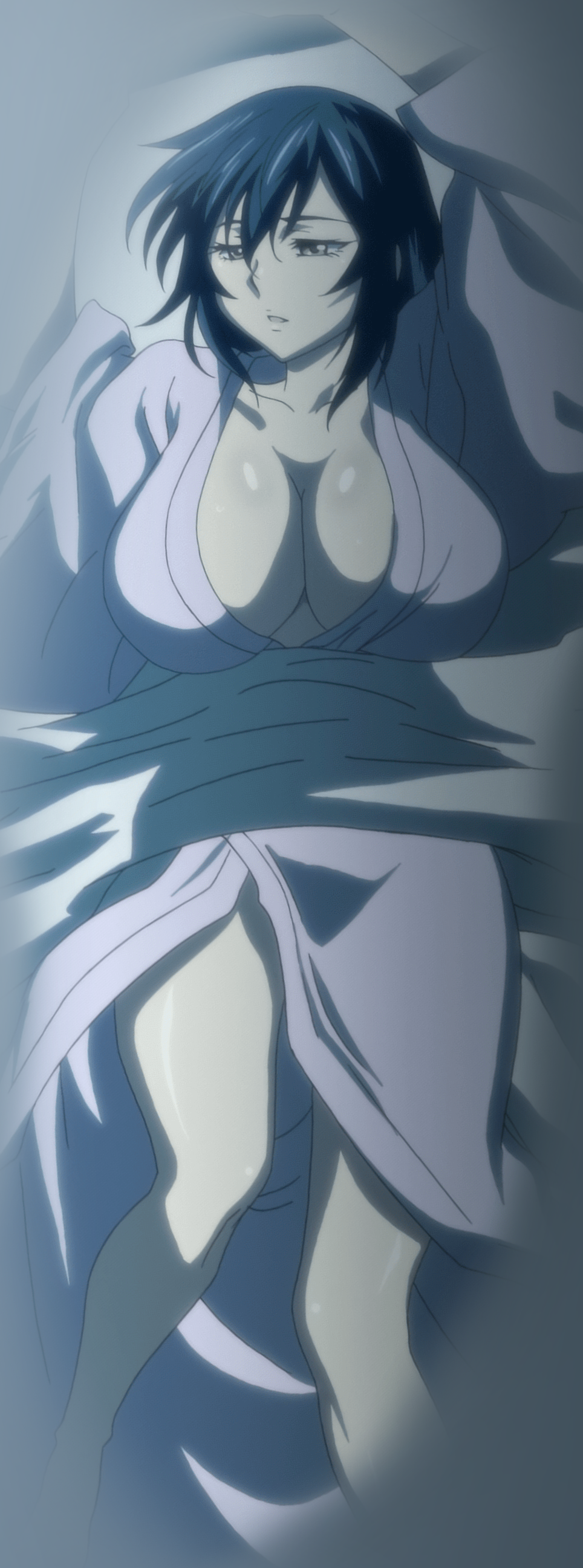 absurdres blue_hair breasts cleavage female hair_down highres huge_breasts japanese_clothes katana kimono large_breasts long_hair lying manyuu_chifusa manyuu_hikenchou night on_back open_clothes open_kimono presenting sleepy sword takagi_jun thighs weapon