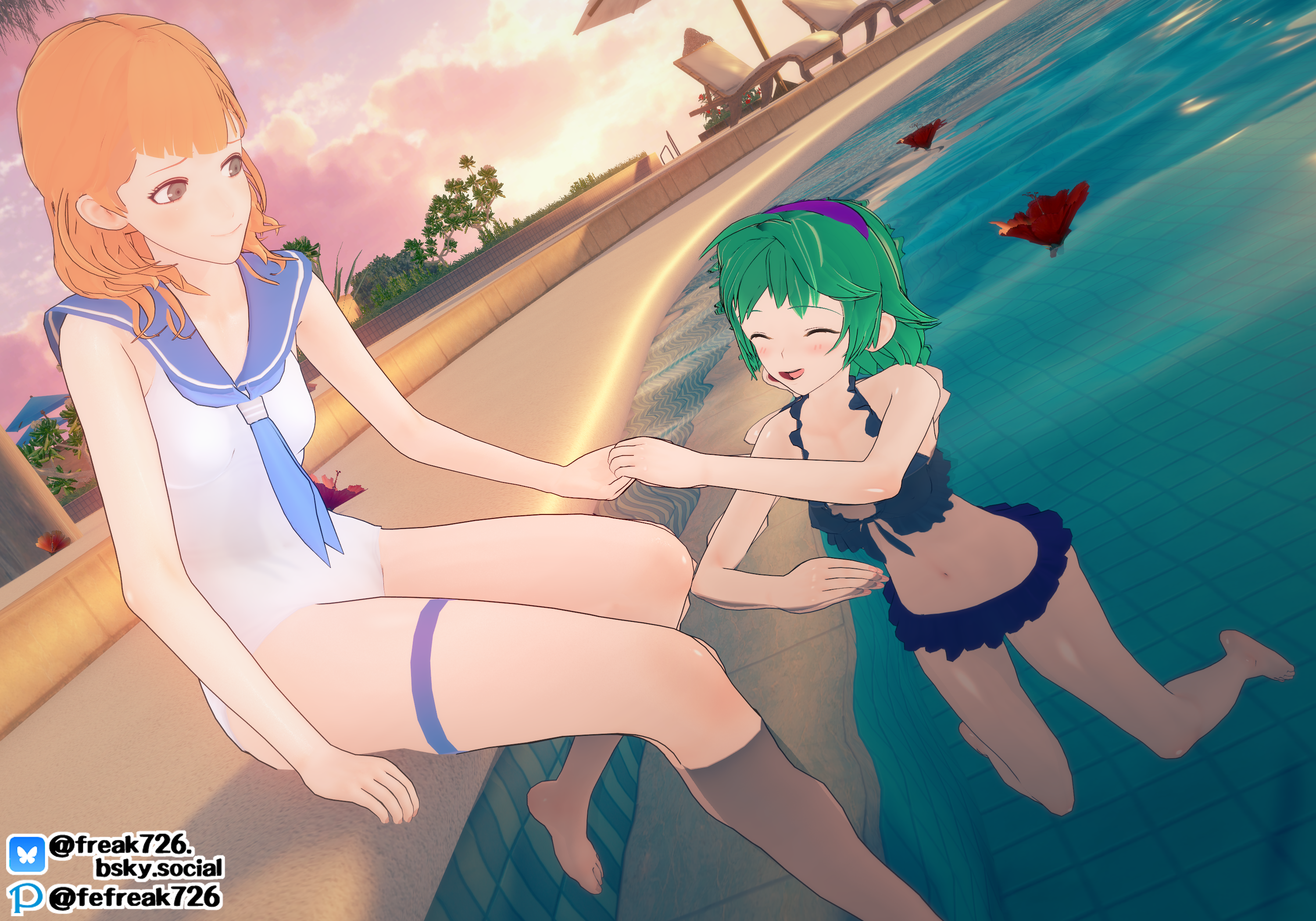 2girls 3d alternate_costume annette_fantine_dominic bare_arms bare_legs bare_midriff barefoot beach_chair beach_umbrella bikini blue_bikini blue_eyes blue_swimsuit blush breasts chair fefreak726 female female_only fire_emblem fire_emblem:_the_blazing_blade fire_emblem:_three_houses flower frilled_bikini frills green_hair hairband holding_hands legs medium_hair midriff multiple_females multiple_girls navel nino_(fire_emblem) nintendo one-piece_swimsuit open_mouth orange_hair outdoors parasol partially_submerged pool short_hair shy shy_smile sitting small_breasts smile sunset swimsuit tree umbrella water white_one-piece_swimsuit white_swimsuit yuri