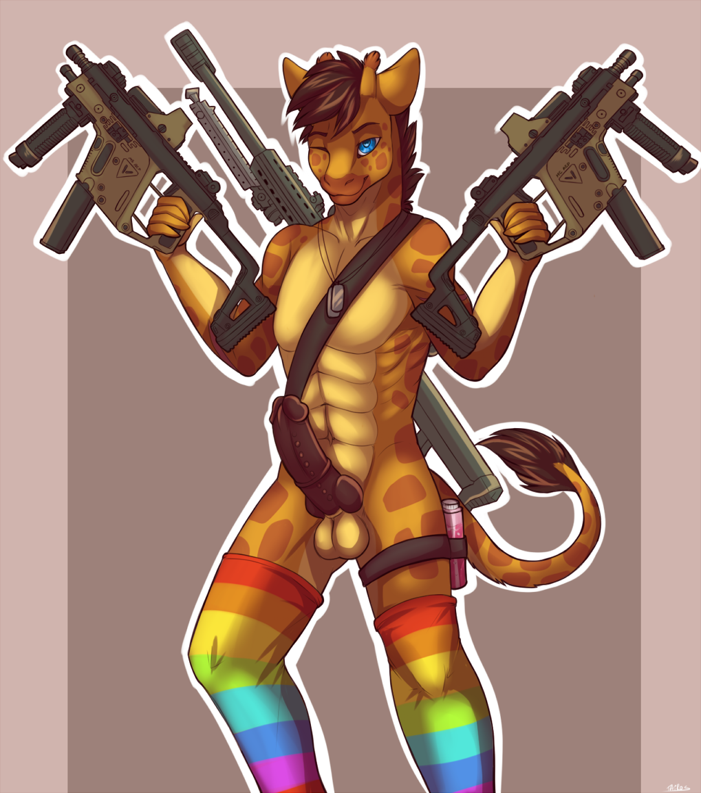 kellwolfik, simple background, 1boy, abs, anthro, balls, brown penis, clothing, erection, facial piercing, giraffe, gun, knot, legwear, lip piercing, looking at viewer, male, male only, mammal, mostly nude, navel, one eye closed, penis, piercing, ranged weapon, rifle, smile, snakebite piercing, sniper rifle, socks, solo, standing, striped, striped legwear, striped socks, stripes, weapon, 
