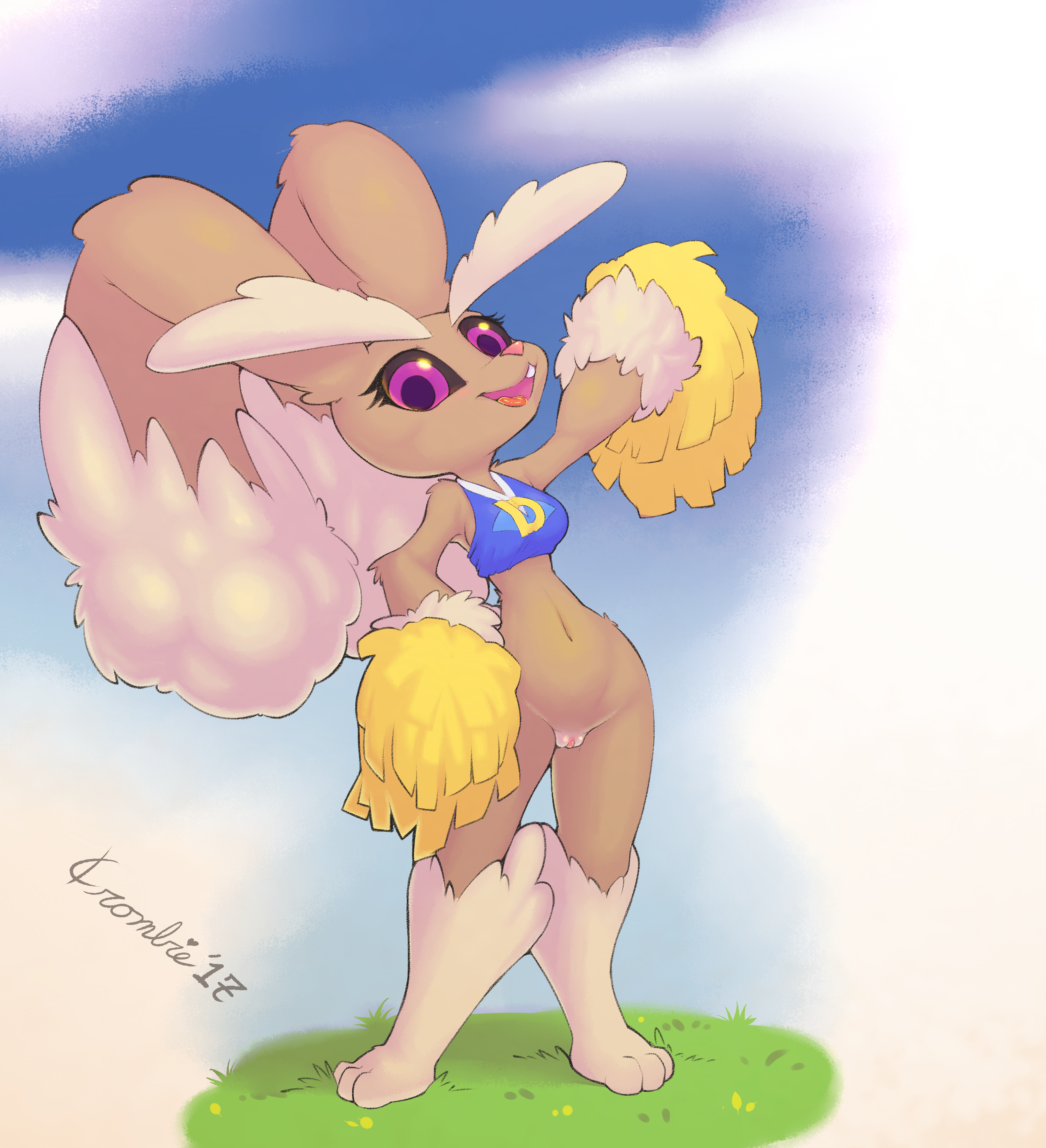 crombie, lopunny, nintendo, 2017, hi res, pose, 3 toes, anthro, big ears, black sclera, bottomless, breasts, brown fur, cheerleader, clothed, clothing, eyelashes, female, fur, grass, happy, heart, lagomorph, looking at viewer, mammal, navel, open mouth, open smile, outside, partially clothed, pink nose, pokemon, pom poms, purple eyes, pussy, rabbit, raised arm, sky, smile, solo, standing, tan fur, teeth, toes, tongue, tongue out, video games, 