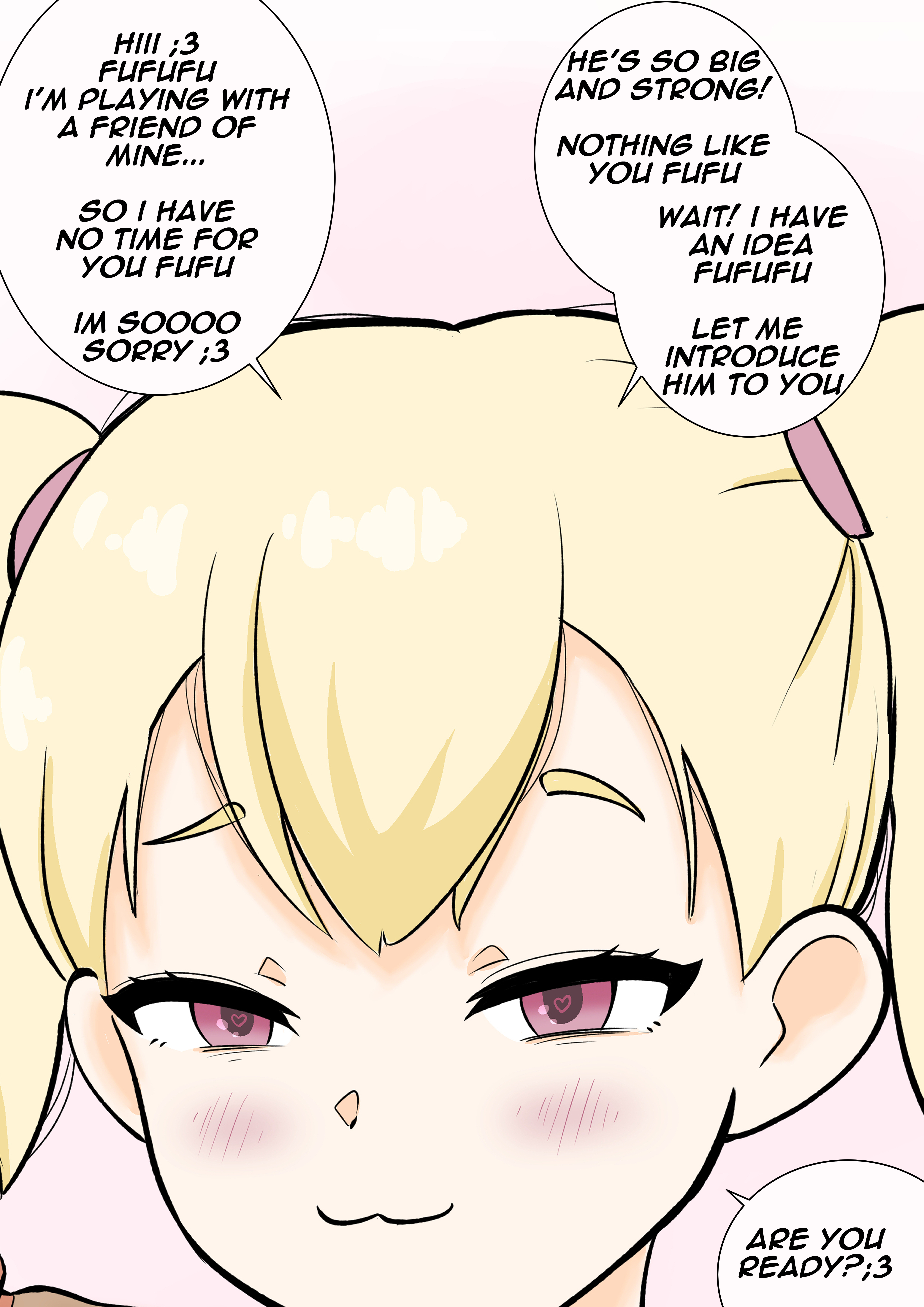 1boy, 1girls, big breasts, big penis, blonde hair, breasts, cuckold, cuckold pov, erection, female, large breasts, looking at viewer, muscles, muscular, netorare, ntr, penis, pink eyes, pov, size difference, smile, smug, twintails, 
