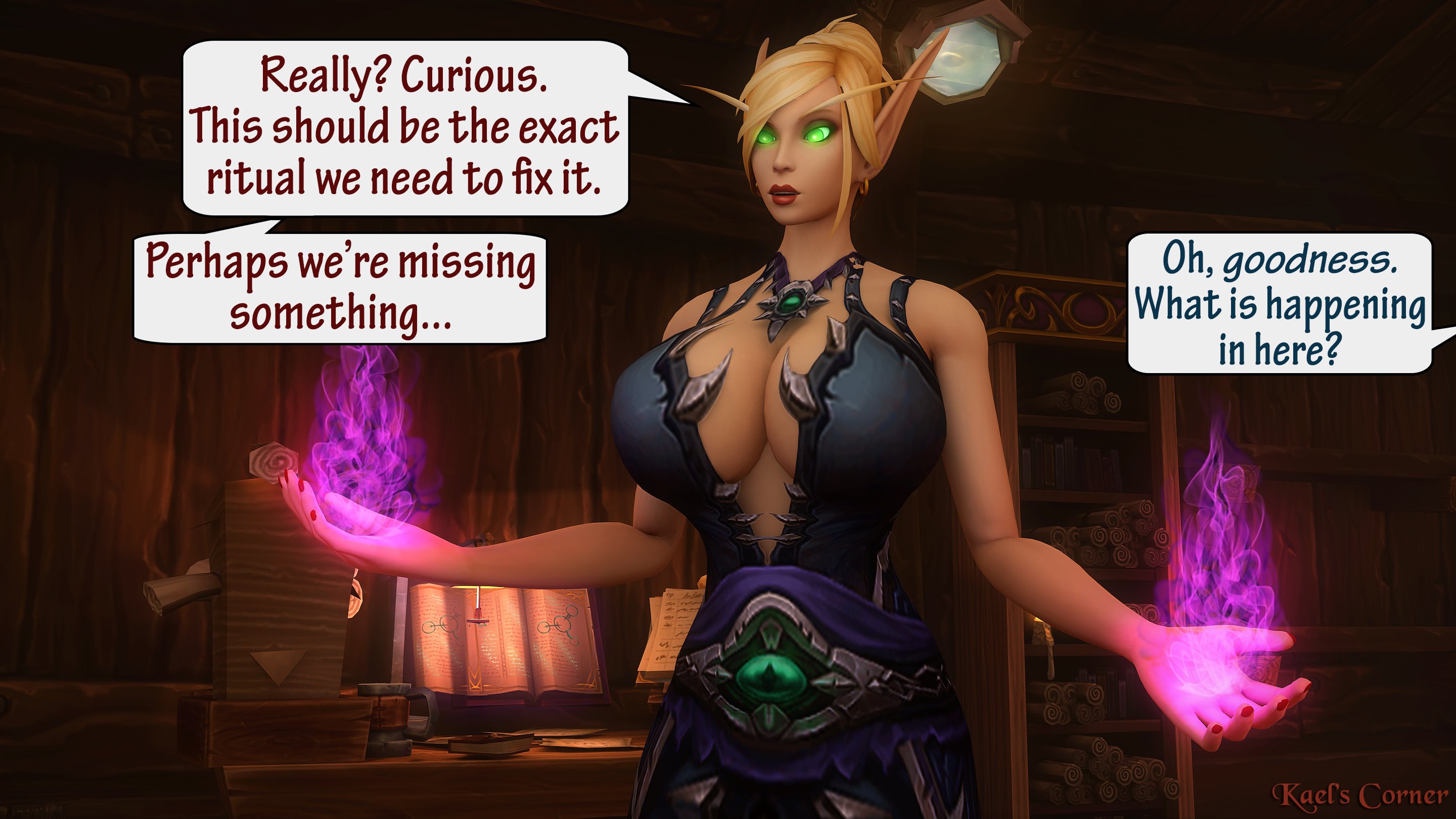 kaelatheelf, blood elf, original character, blizzard entertainment, warcraft, world of warcraft, 3d, 1girls, blonde hair, dialogue, huge breasts, kaela sundawn, light-skinned female, light skin, 
