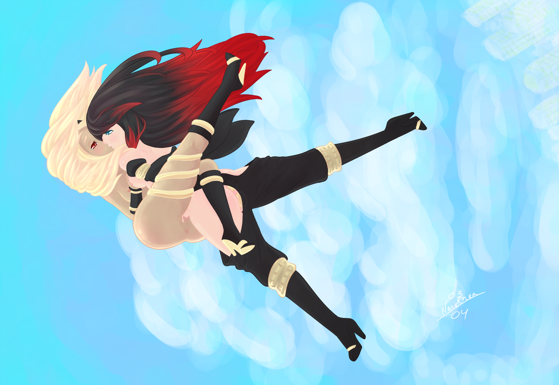 kat (gravity rush), raven (gravity rush), gravity rush, highres, 2girls, black hair, blonde hair, blue eyes, breasts, buttplug, couple, eye contact, female, fingering, floating, full body, half-closed eyes, kissing, long hair, looking at another, mutual yuri, nipples, nude, red eyes, red hair, romantic, sex, sky, two tone hair, yuri, 