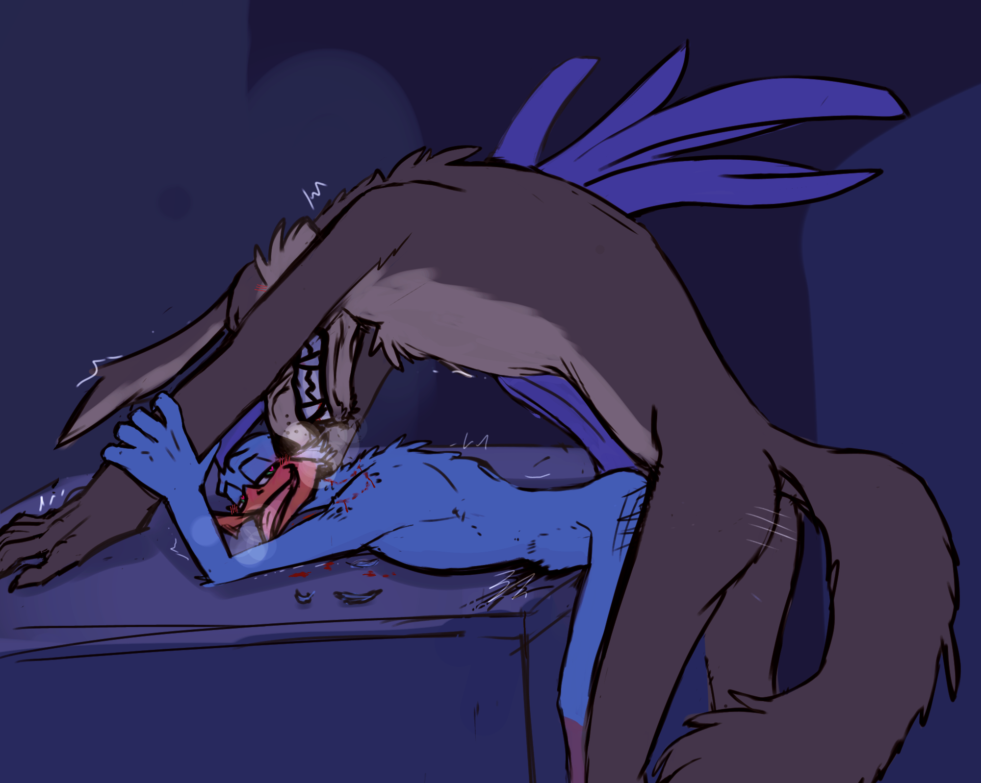 against_desk against_furniture against_surface anthro anthro_on_anthro avian bird bite bite_mark blue_body blue_feathers bodily_fluids brown_body brown_fur bulge canid canine canis cloacal cloacal_penetration coyote cuculiform desk duo feathers fernypaw from_behind_position fur furniture growling hi_res interspecies looking_pleasured loonatics_unleashed looney_tunes male male/male male_cloaca mammal new_world_ground_cuckoo nude nude_anthro open_mouth penetration penile penile_penetration penis penis_in_cloaca predator/prey purple_body purple_feathers rev_runner roadrunner sex shoulder_bite standing standing_doggystyle standing_sex table tech_e._coyote teeth warner_brothers