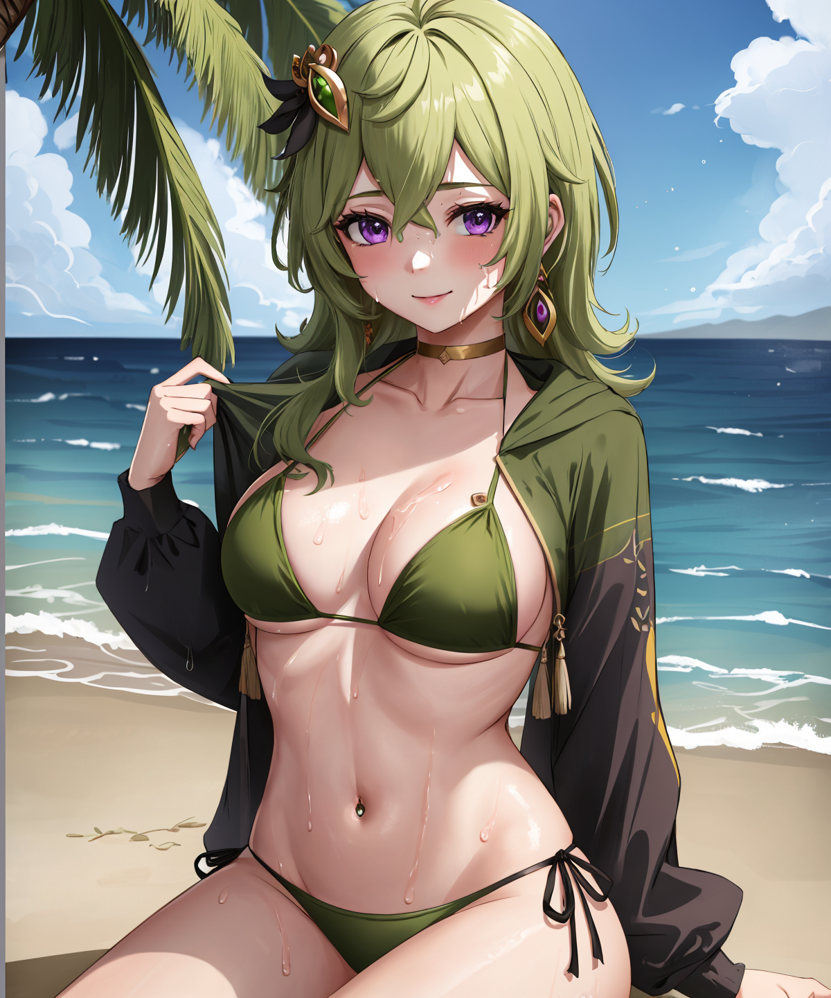 1girls, ai generated, beach, big thighs, bikini, blush, breasts, collei (ge...