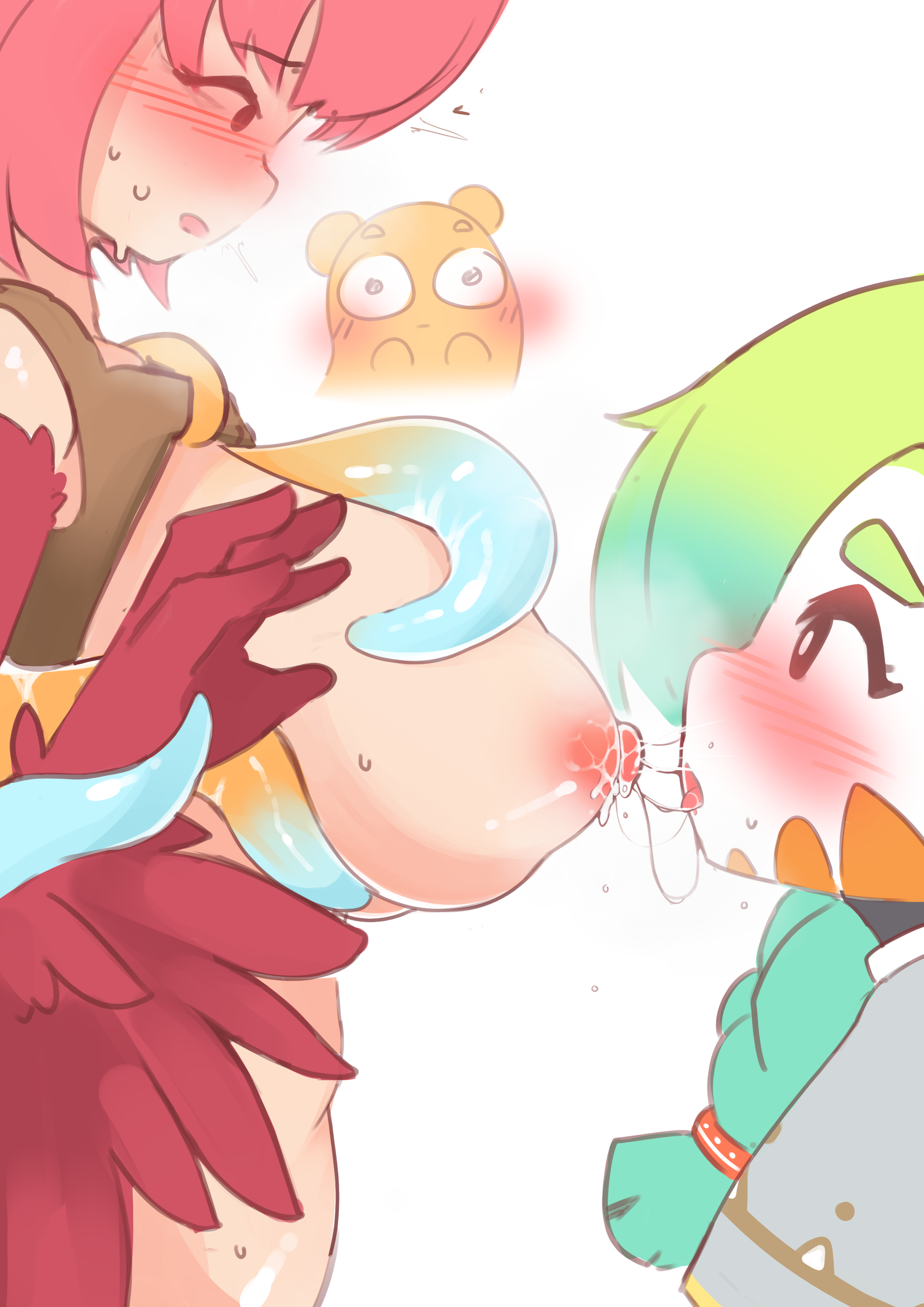 original, absurdres, highres, white background, 1other, 2girls, bangs, blush, braid, breastfeeding, breasts, coco (eogks), feathers, green hair, harpy, incest, lactation, large breasts, long hair, mako (eogks), monster girl, multiple girls, nipples, nn (eogks), open mouth, poncho, red feathers, red hair, saliva, saliva trail, siblings, sisters, tentacle, tongue, tongue out, winged arms, wings, yuri, 