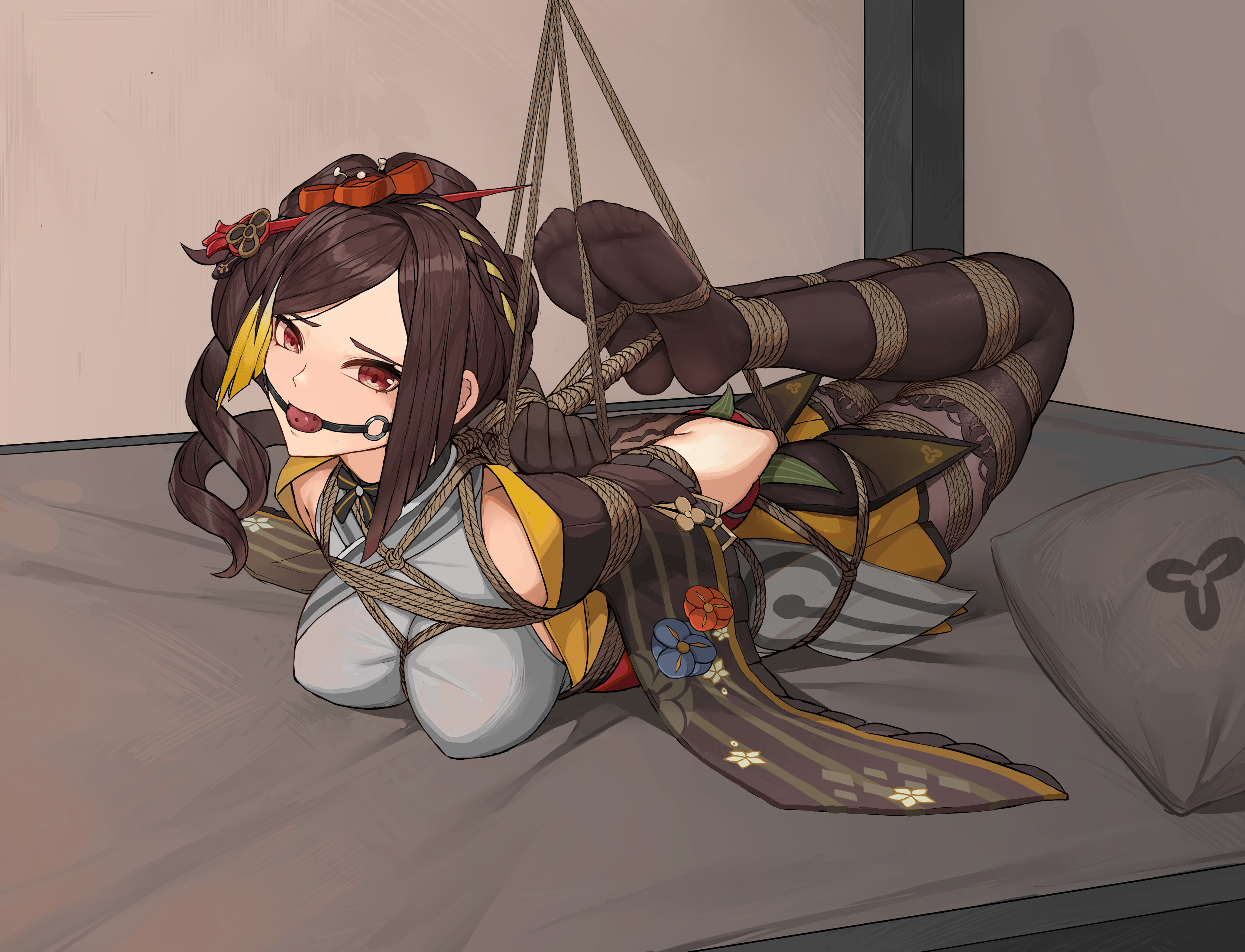 1girls angry annoyed arms_behind_back artist_request ball_gag bdsm bed black_legwear black_pantyhose bondage bound box_tie braid braided_hair brown_eyes brown_hair chiori_(genshin_impact) drill_hair female female_only femsub flower frown fully_clothed gag gagged genshin_impact grey_kimono gritted_teeth hairclip helpless hi_res high_resolution highres hogtie hoyoverse japanese_clothes japanese_clothing kimono laying_down laying_on_bed laying_on_stomach legs_tied looking_at_viewer lying lying_down lying_on_bed lying_on_stomach mihoyo mouth_gag no_shoes orange_eyes pantyhose pillow resisting restrained restrained_arms restrained_legs restraints rope rope_bondage solo solo_female solo_focus submissive submissive_female tagme tied_arms tied_hands tied_legs tied_up tied_wrists worried worried_expression worried_face worried_look wrists_bound wrists_tied yellow_eyes yellow_hair