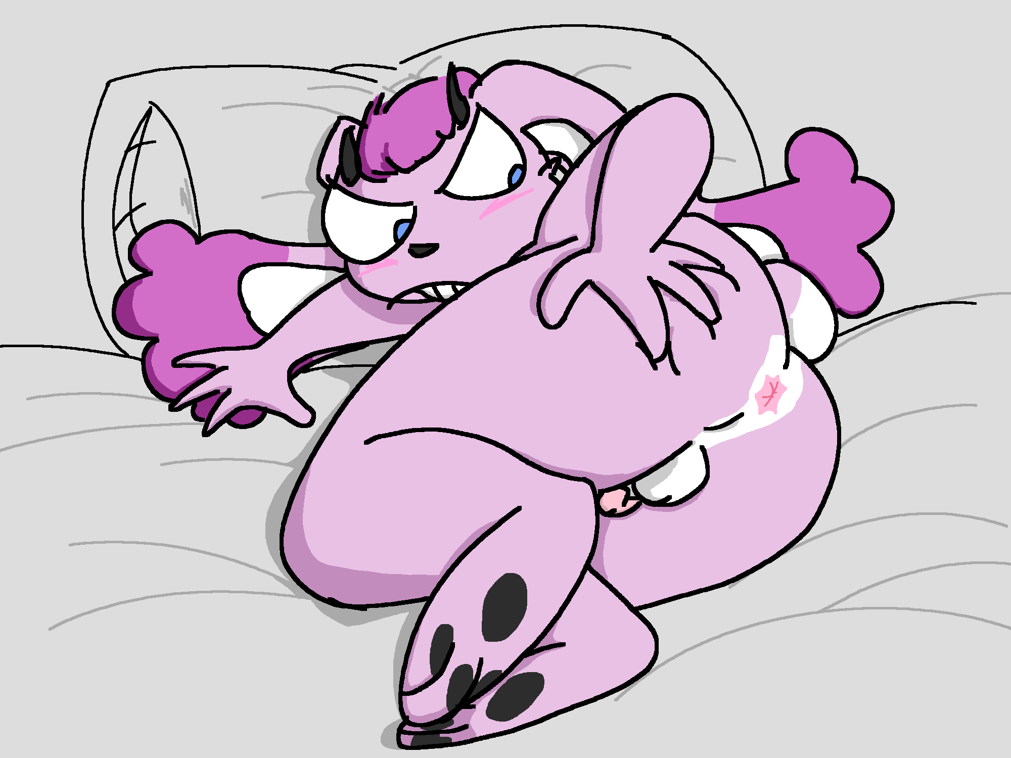 4:3 anthro anus ass balls bed blue_eyes blush fur furniture genitals hand_on_butt hi_res horn imp impy_(impybunny) impybunny lagomorph leporid looking_back lying male mammal multicolored_body multicolored_fur on_side pawpads penis penis_tip pillow pink_body presenting presenting_anus rabbit solo spread_anus spread_butt spreading