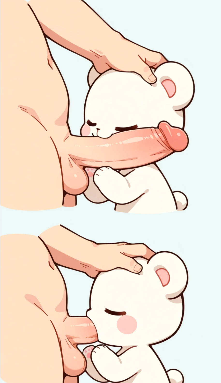 1boy 1girls 2d :3 adorable ai_generated bear blowjob blush blush_stickers cute duo fellatio female genitals handjob hug human human_male humanoid living_plushie male male/female male_pov mammal milk_(milkmochabear) milkmochabear plushie plushophilia pov sex tagme teddy_bear ursid white_body