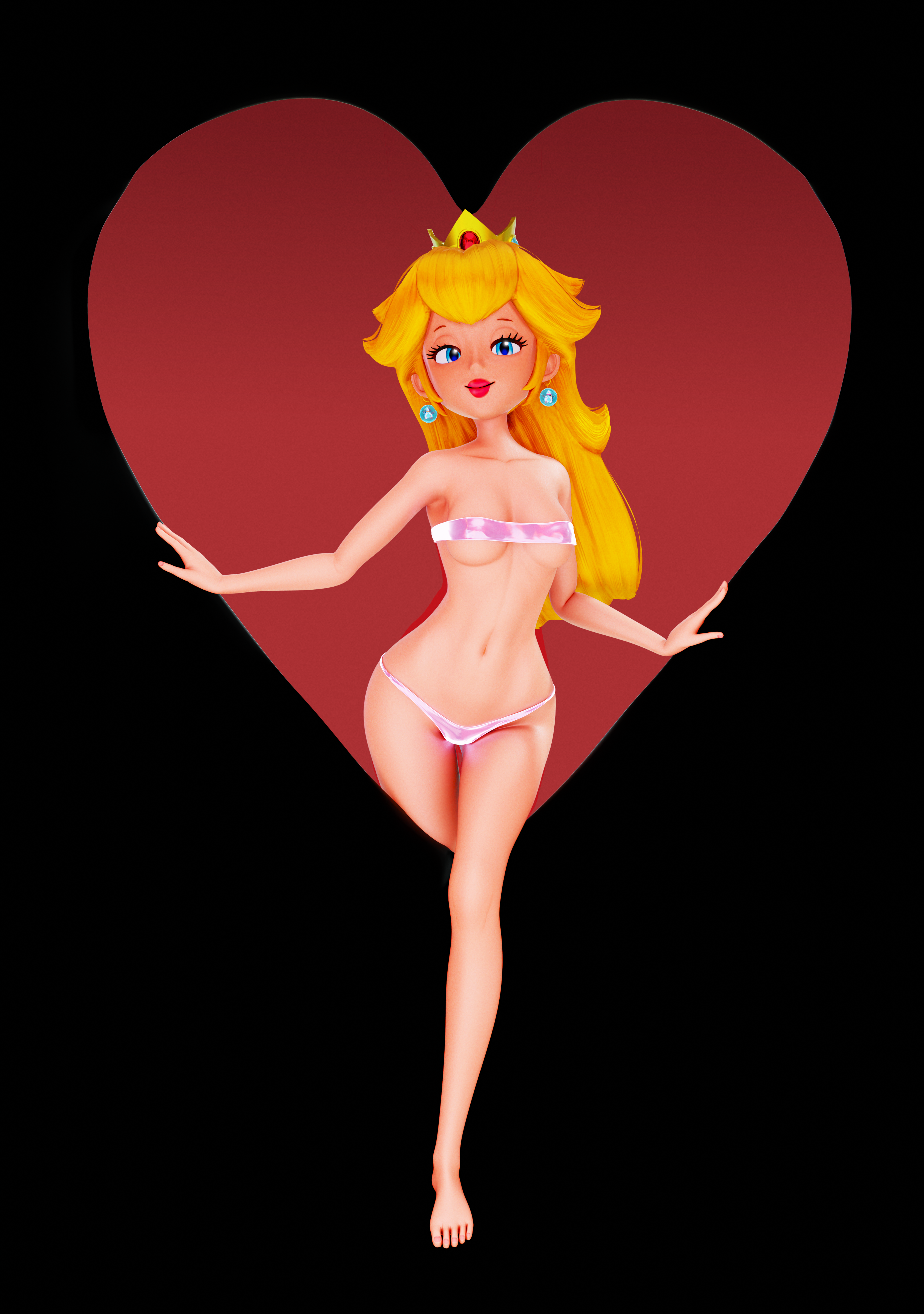 1girl 3d armpits bare_shoulders barefoot bedroom_eyes blonde_hair blue_earrings blush breasts crown earrings eyelashes female guinreds heart legs lingerie lips lipstick long_hair looking_at_viewer micro_bikini narrow_waist navel nintendo princess_peach red_lipstick smile thigh_gap wide_hips