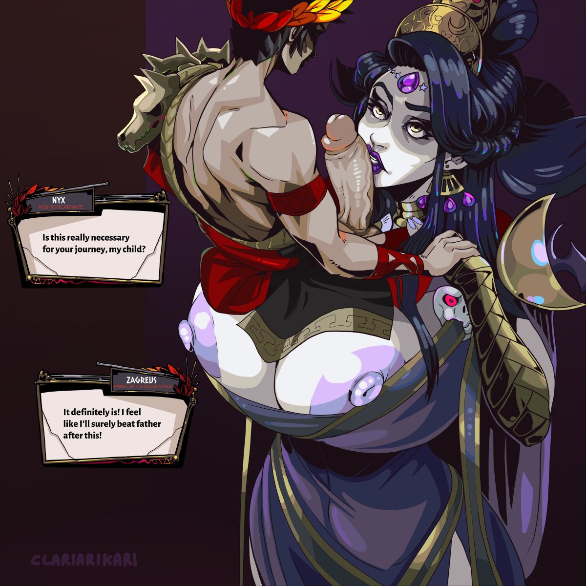 clariarikari, nyx (hades), zagreus, hades (game), 2d, tagme, text, 1boy, 1girls, breasts, carrying, huge breasts, mother and son, paizuri, 