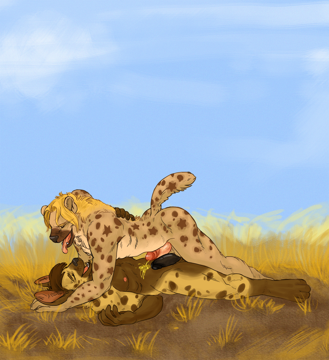 2015, simple background, anthro, ass, balls, big ears, black penis, brown fur, canine, digitigrade, duo, erection, fur, fur pattern, hair, hyena, long hair, lying, male, mammal, marking territory, missionary position, nipples, nude, on back, open mouth, peeing, penis, red penis, rustin (artist), sex, smile, tongue, urine, watersports, yaoi, 