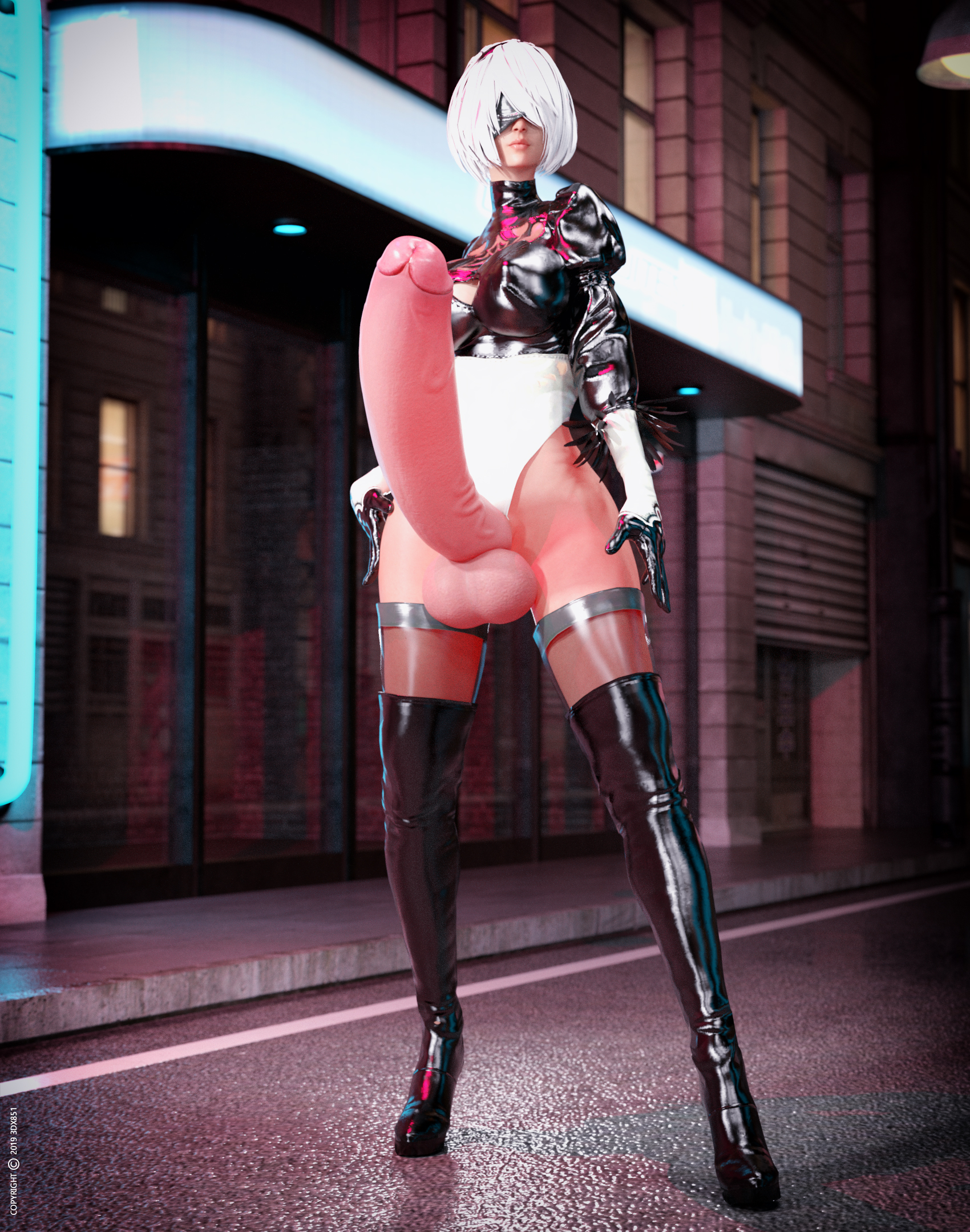 yorha 2b, 1futa, areolae, black, breasts, dickgirl, erection, futa only, futanari, hair, huge cock, intersex, large, looking, penis, solo, veiny, 