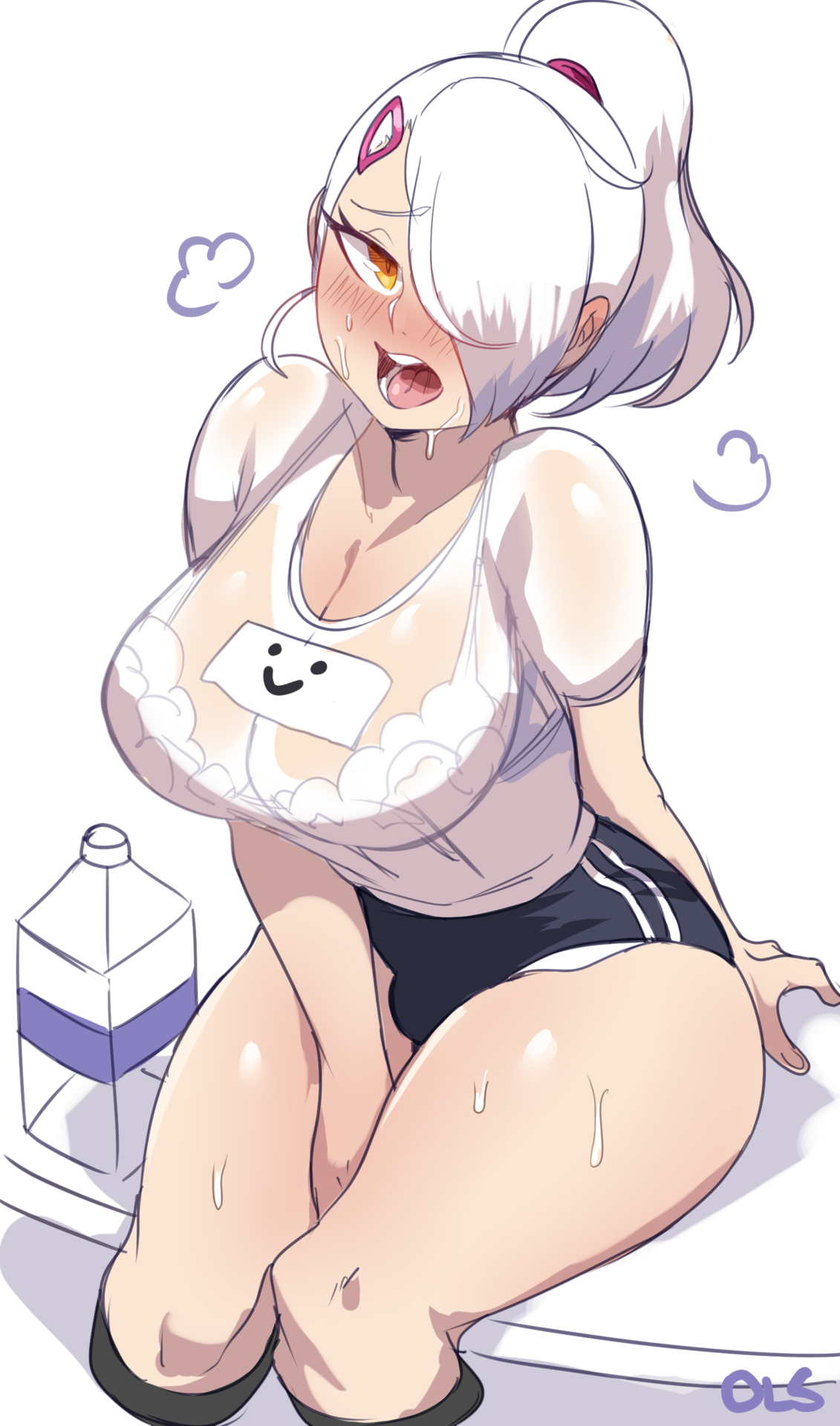 lightsource, andrea vaeyl, 1futa, big breasts, blush, breasts, bulge, cleavage, futa only, futanari, hair over one eye, huge breasts, intersex, large breasts, lingerie, looking at viewer, see-through, solo, white hair, white panties, yellow eyes, 