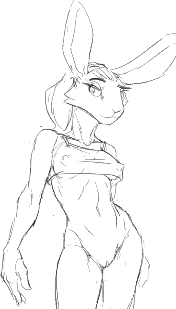 line art, pose, simple background, white background, 2021, anthro, athletic, bottomless, bottomless female, breasts, clitoral hood, clothed, clothing, erect nipples, erect nipples under clothes, female, genitals, hair, lagomorph, lakeslug, leporid, looking aside, mammal, nipples, pussy, rabbit, slim, topwear, topwear only, translucent, translucent clothing, translucent topwear, 