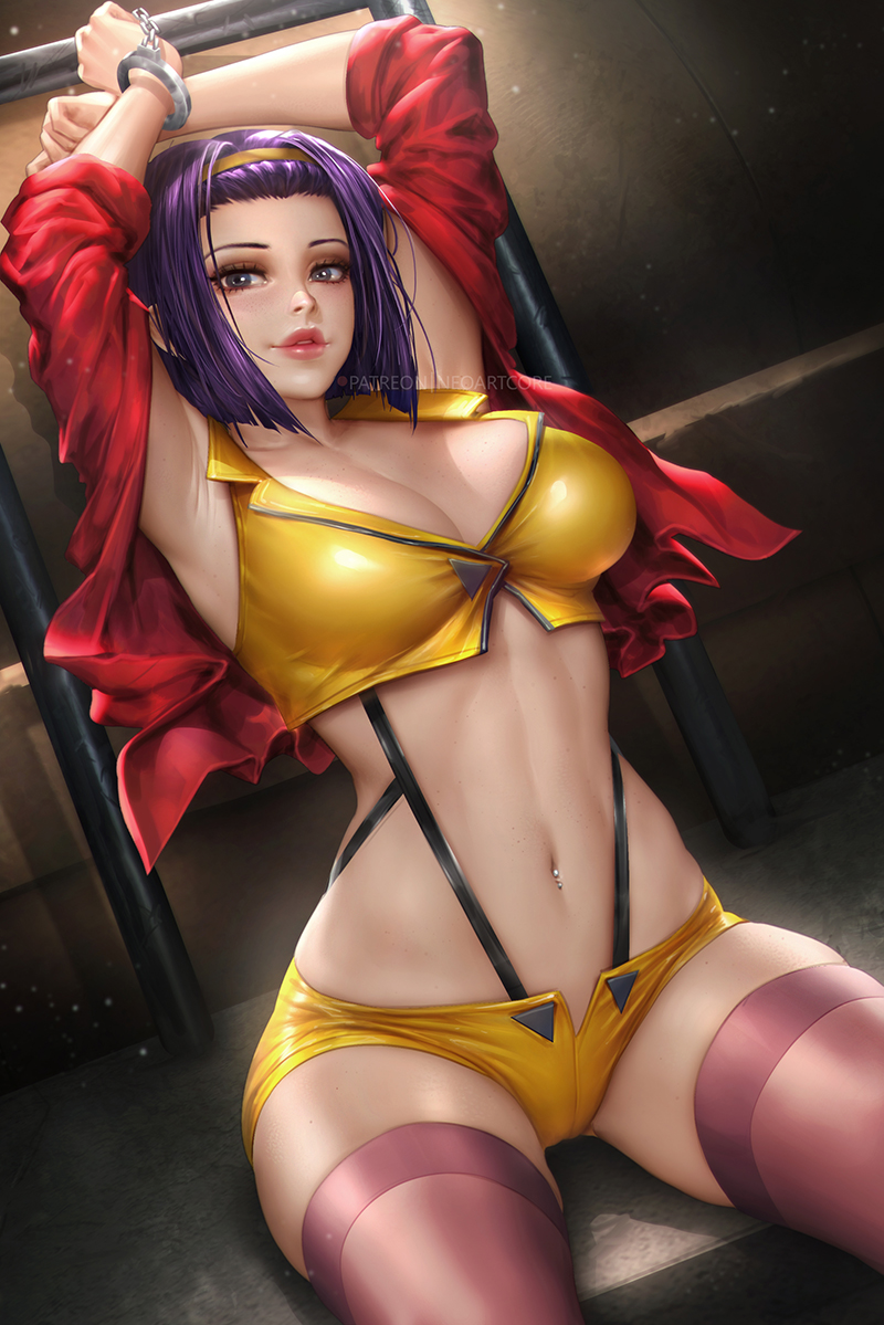 neoartcore, faye valentine, cowboy bebop, big breasts, clothed female, female, female focus, female only, handcuffed, handcuffs, midriff, piercing, purple hair, 